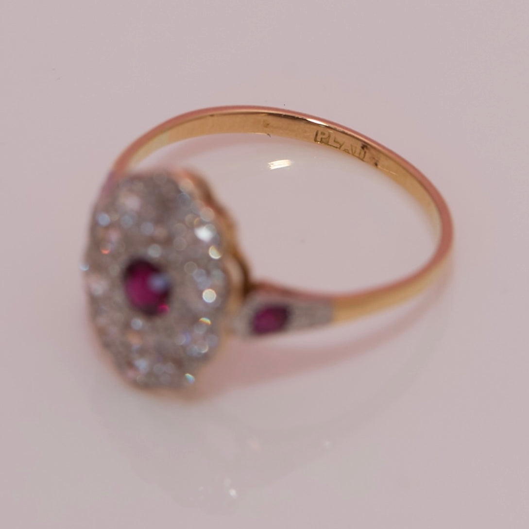 18ct gold old cut ruby and diamond cluster ring