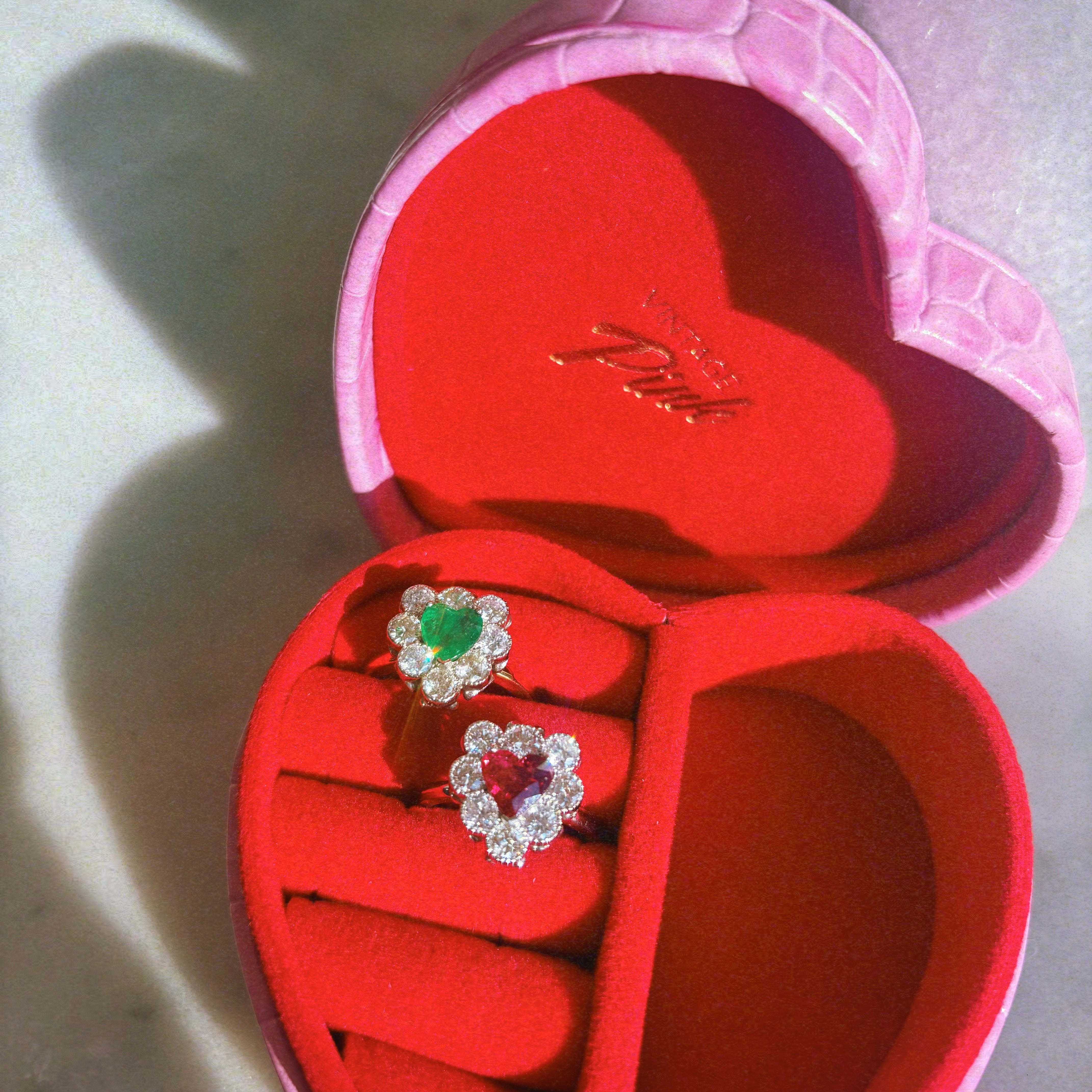 Platinum heart-shaped ruby and diamond vintage earring conversion ring