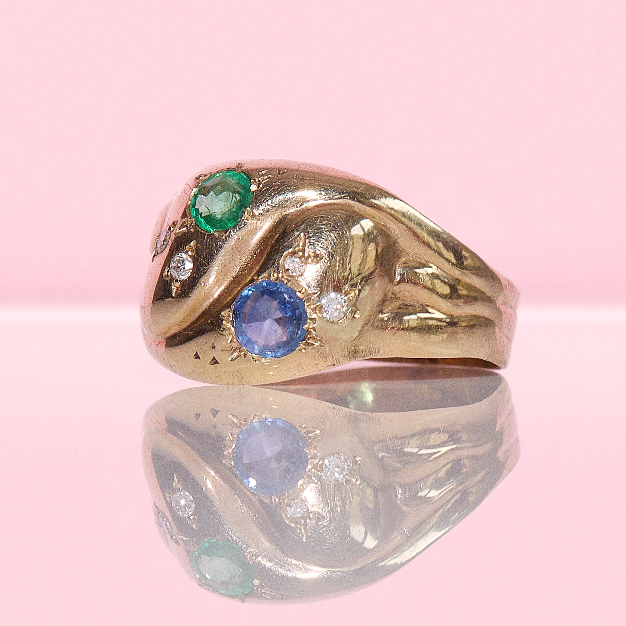 9ct gold diamond, emerald and sapphire snake ring