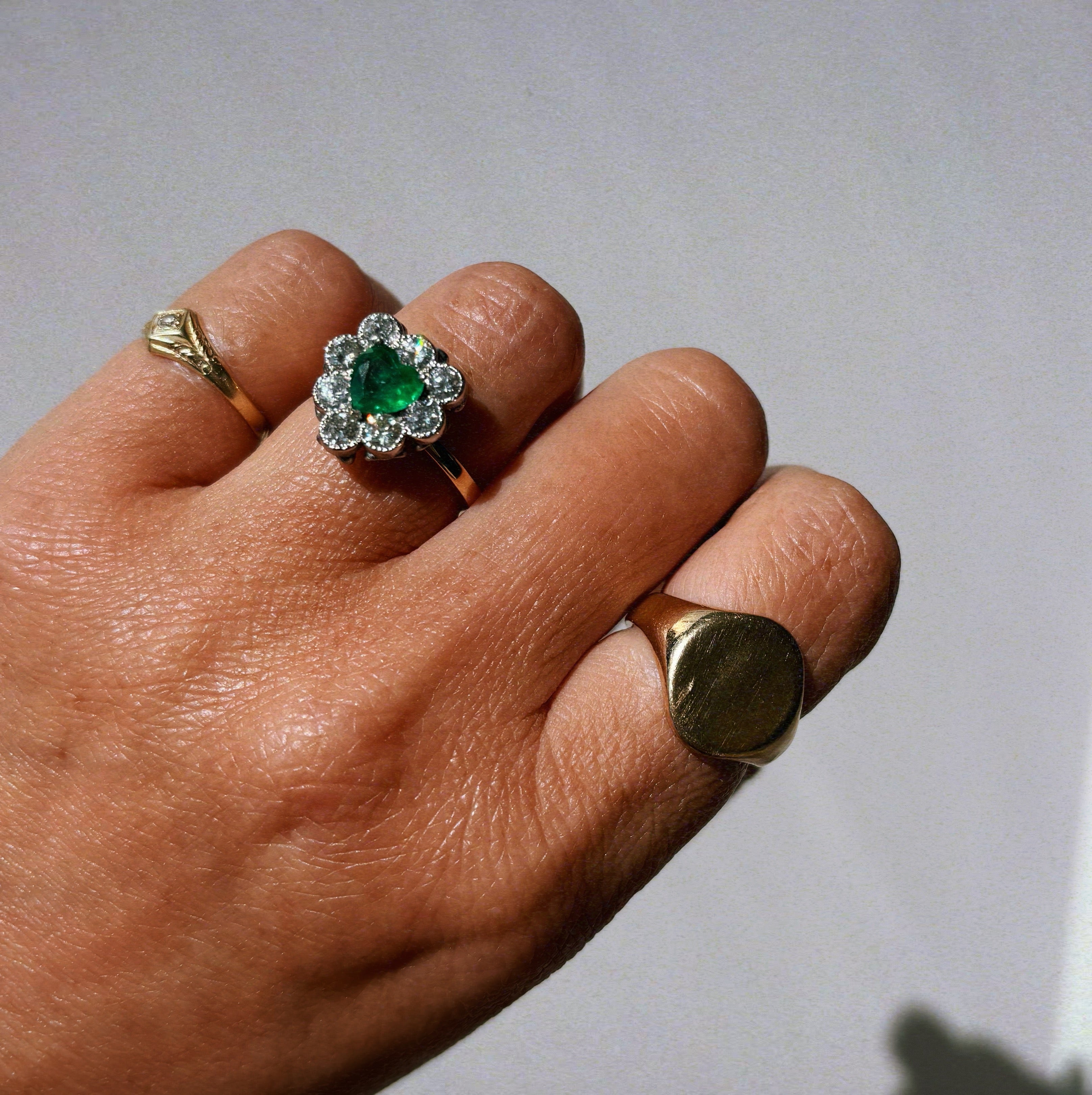 18ct gold heart-shaped emerald and diamond vintage earring conversion ring