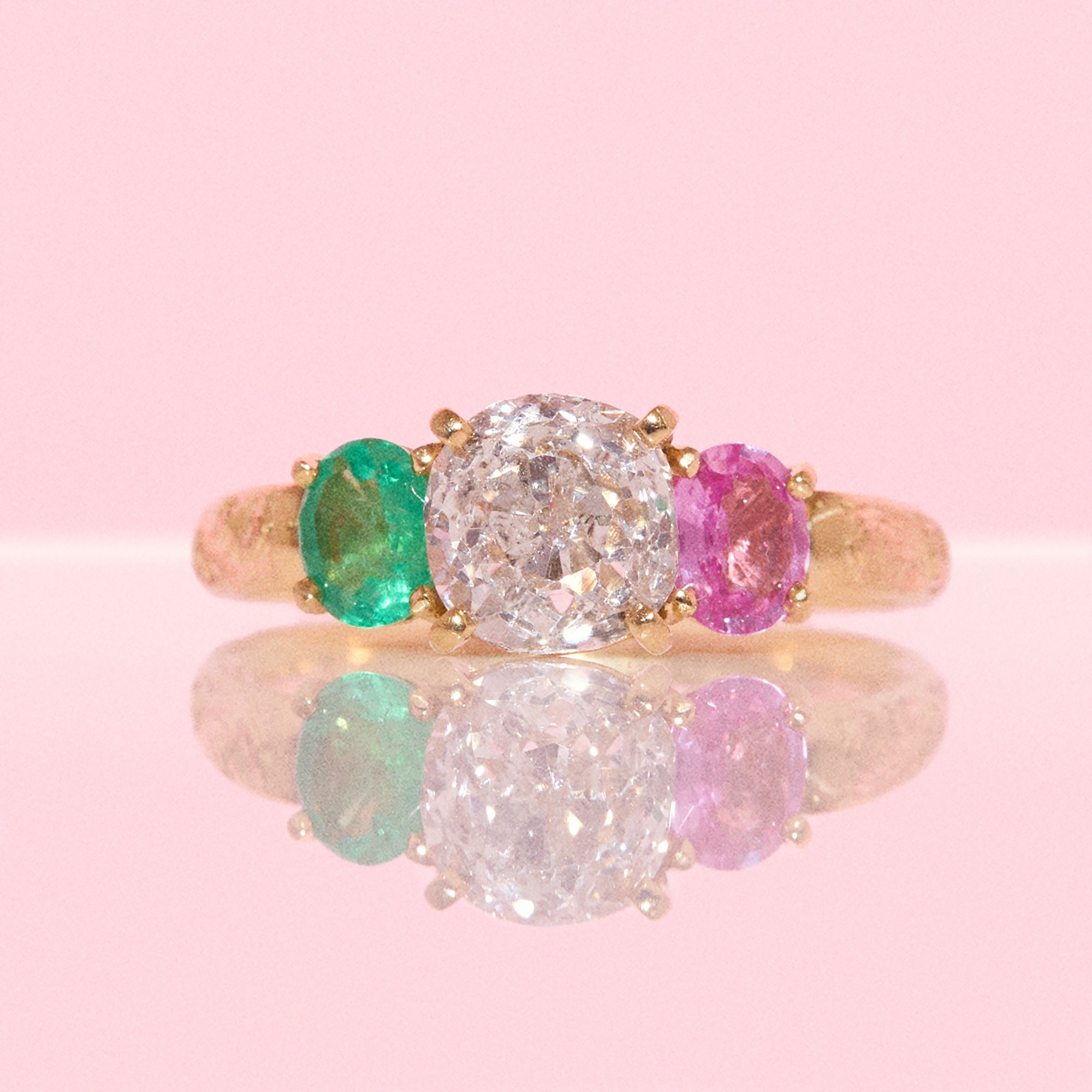 18ct yellow gold 1.57ct old cut vintage diamond, emerald and pink sapphire ‘Two Become One’ engraved ring (made to order)
