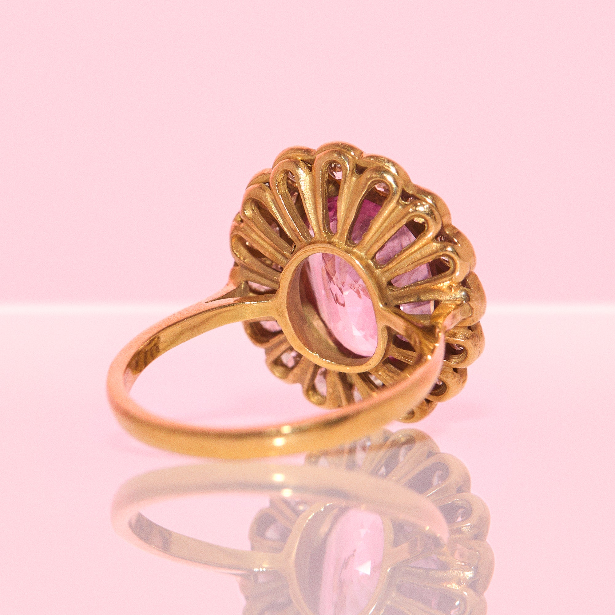 Vintage 18ct gold 6.27ct pink Ceylon cushion cut Sapphire and 1.50ct old cut diamond ring