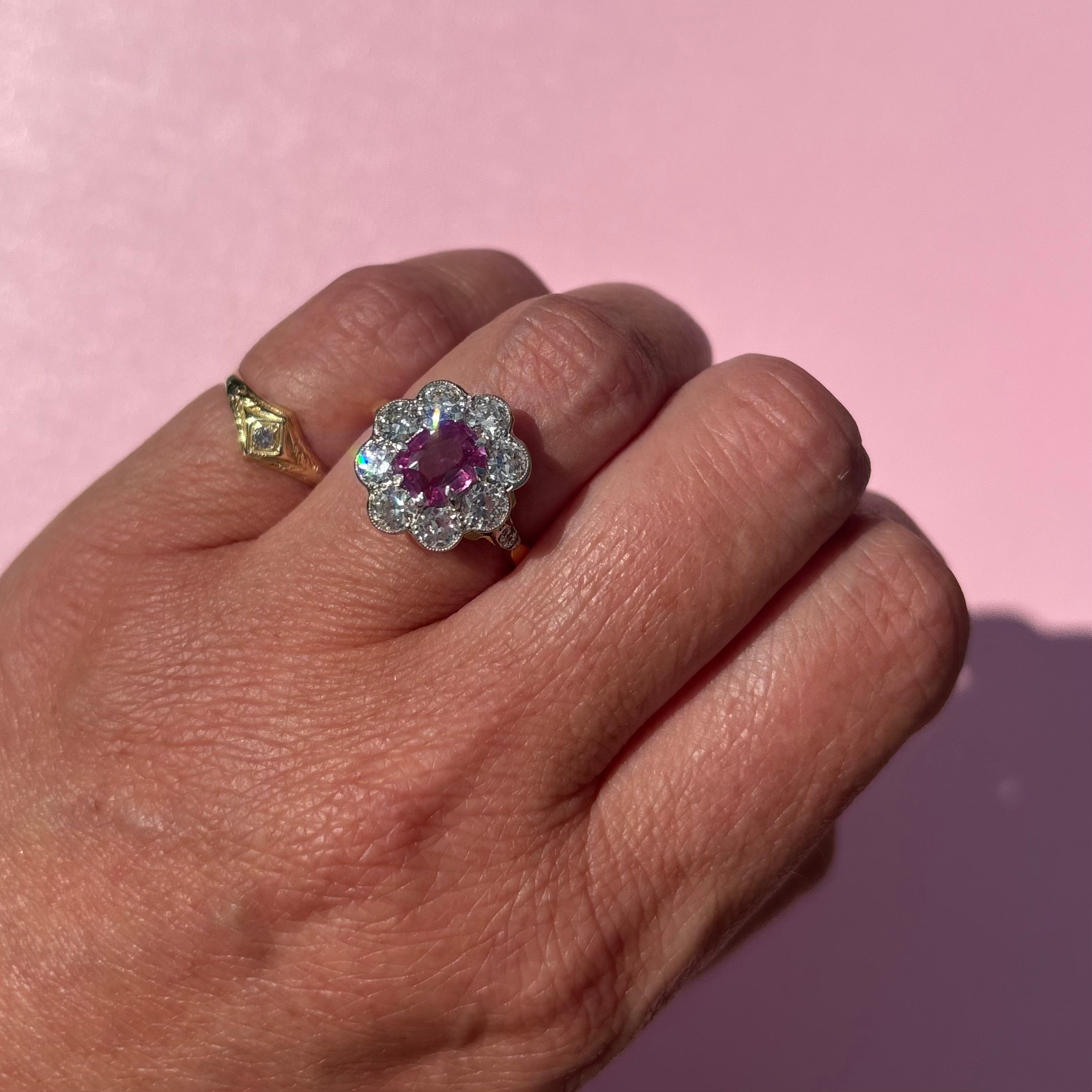 18ct gold pink sapphire and diamond flower ring