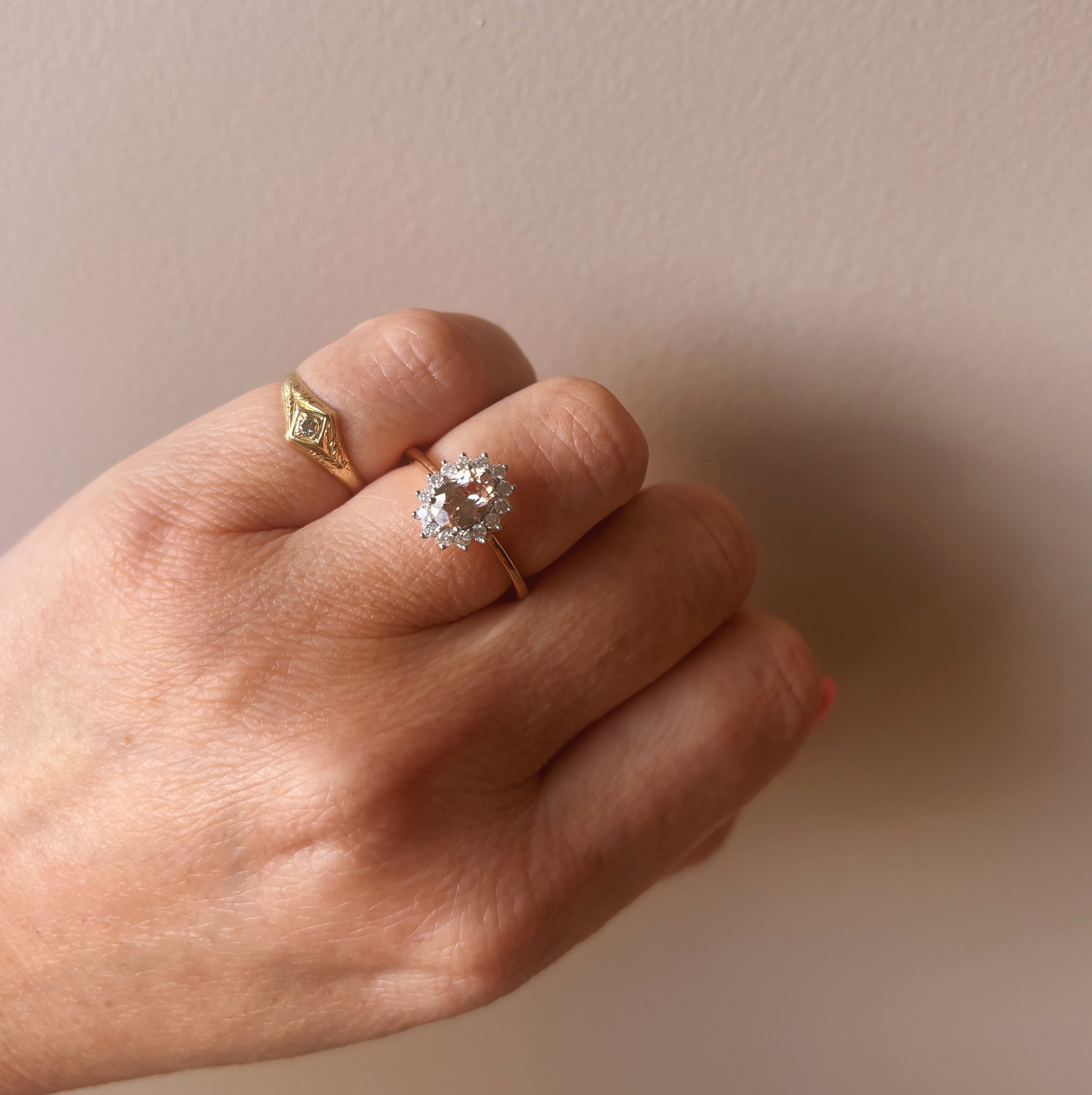 9ct rose gold 0.67ct morganite and 0.26ct diamond cluster ring