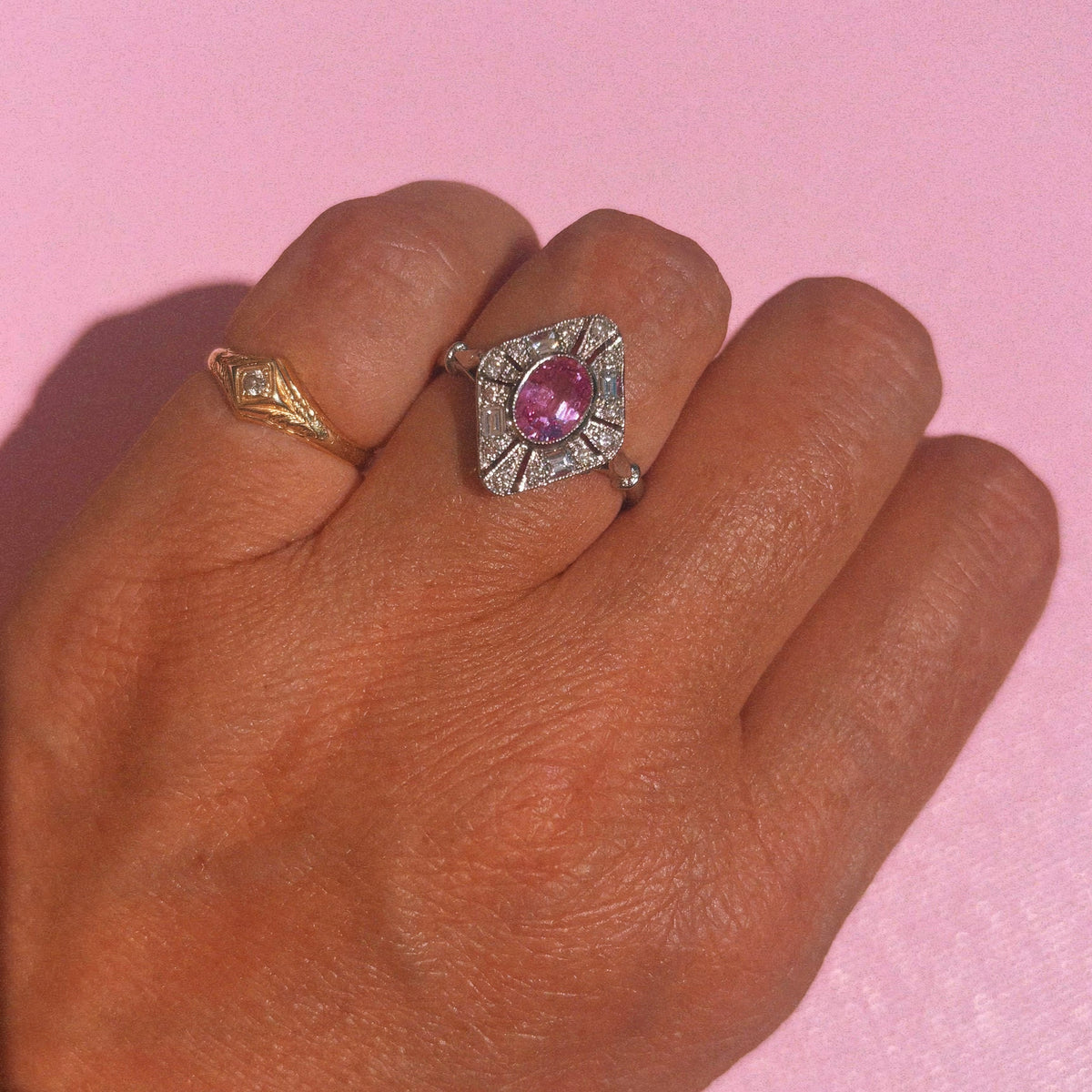 Vintage Platinum pink sapphire and diamond cluster ring