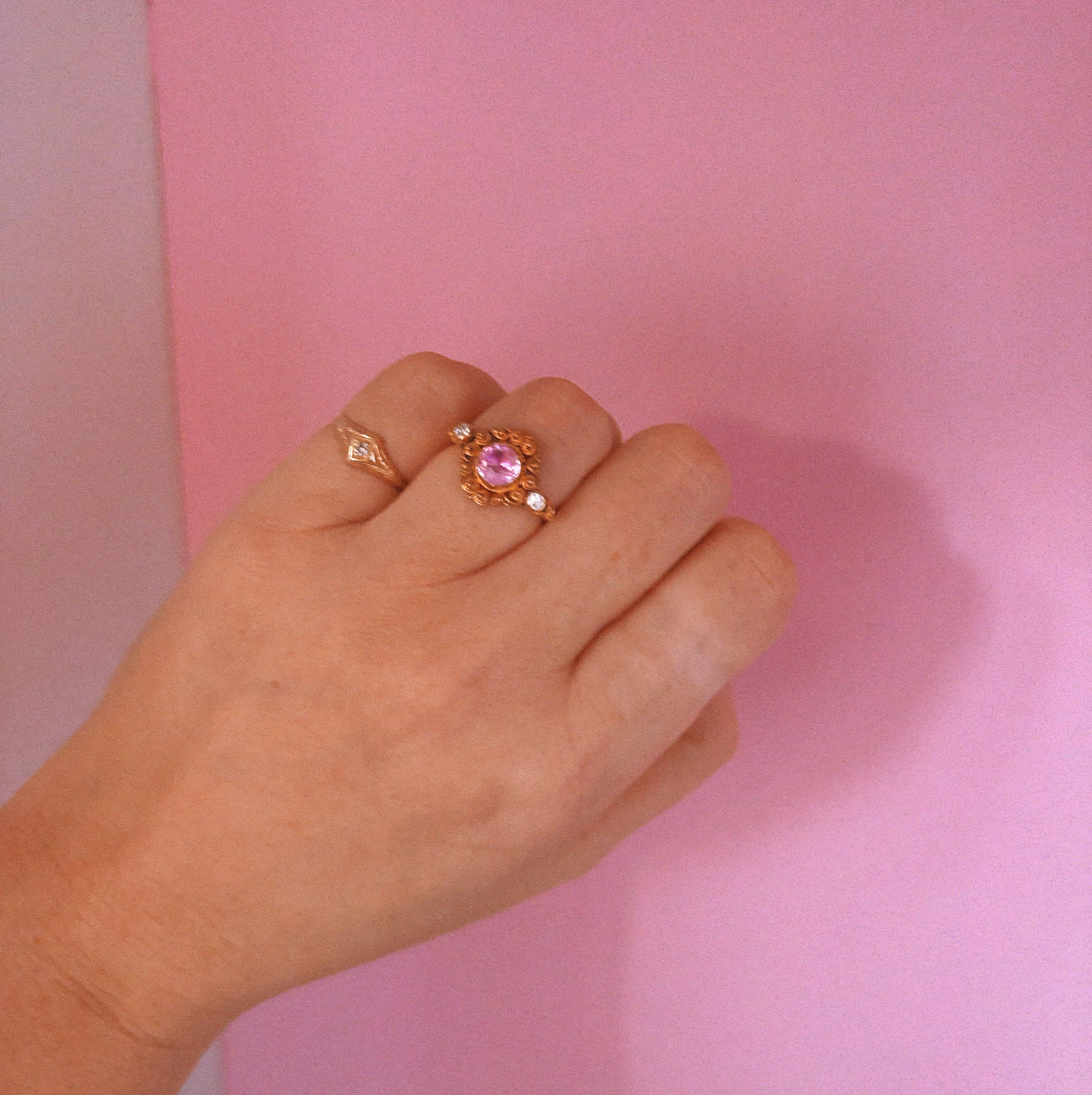 15ct gold pink topaz and diamond pin conversion antique ring