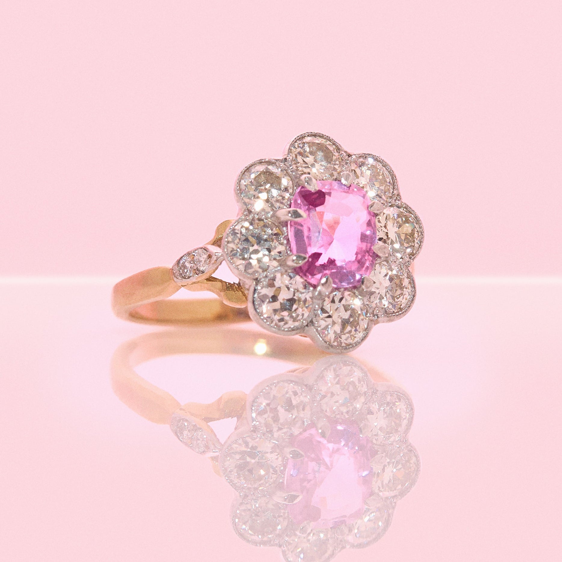 18ct gold pink sapphire and diamond flower ring
