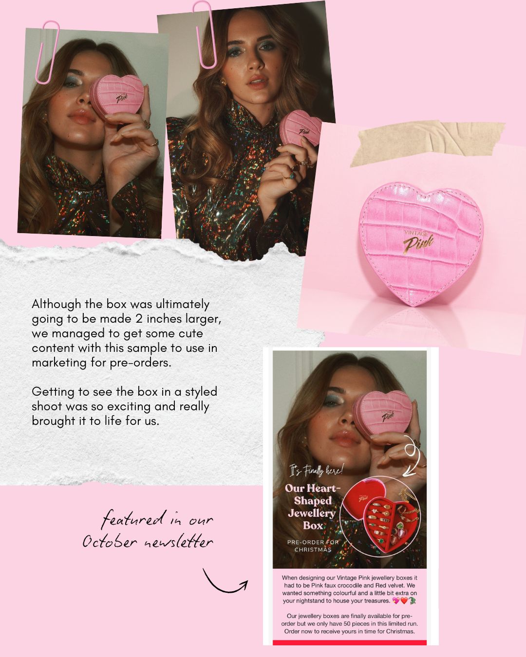 Heart-shaped pink faux croc and red velvet jewellery box (pre-order for Christmas)