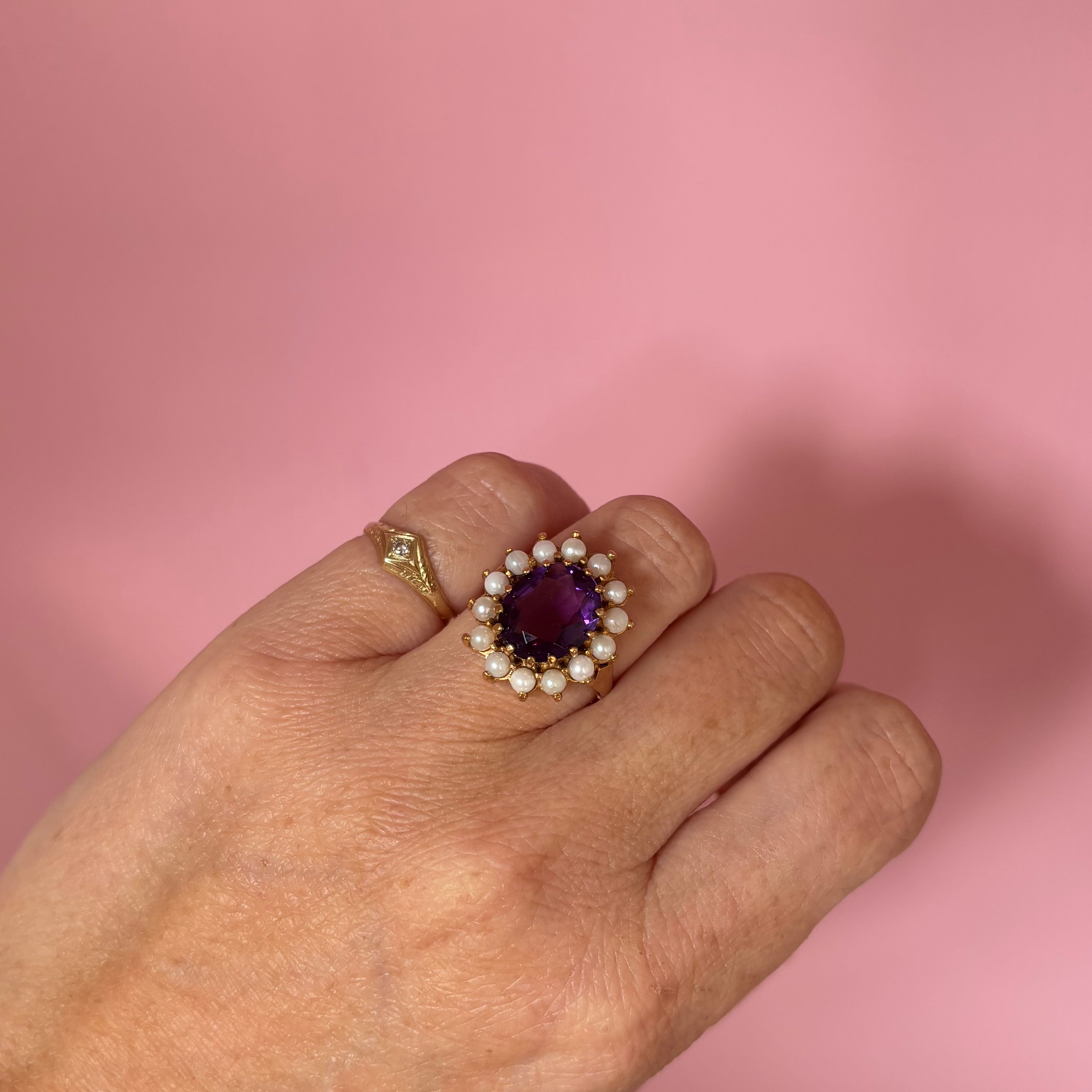 9ct gold amethyst and pearl cluster ring