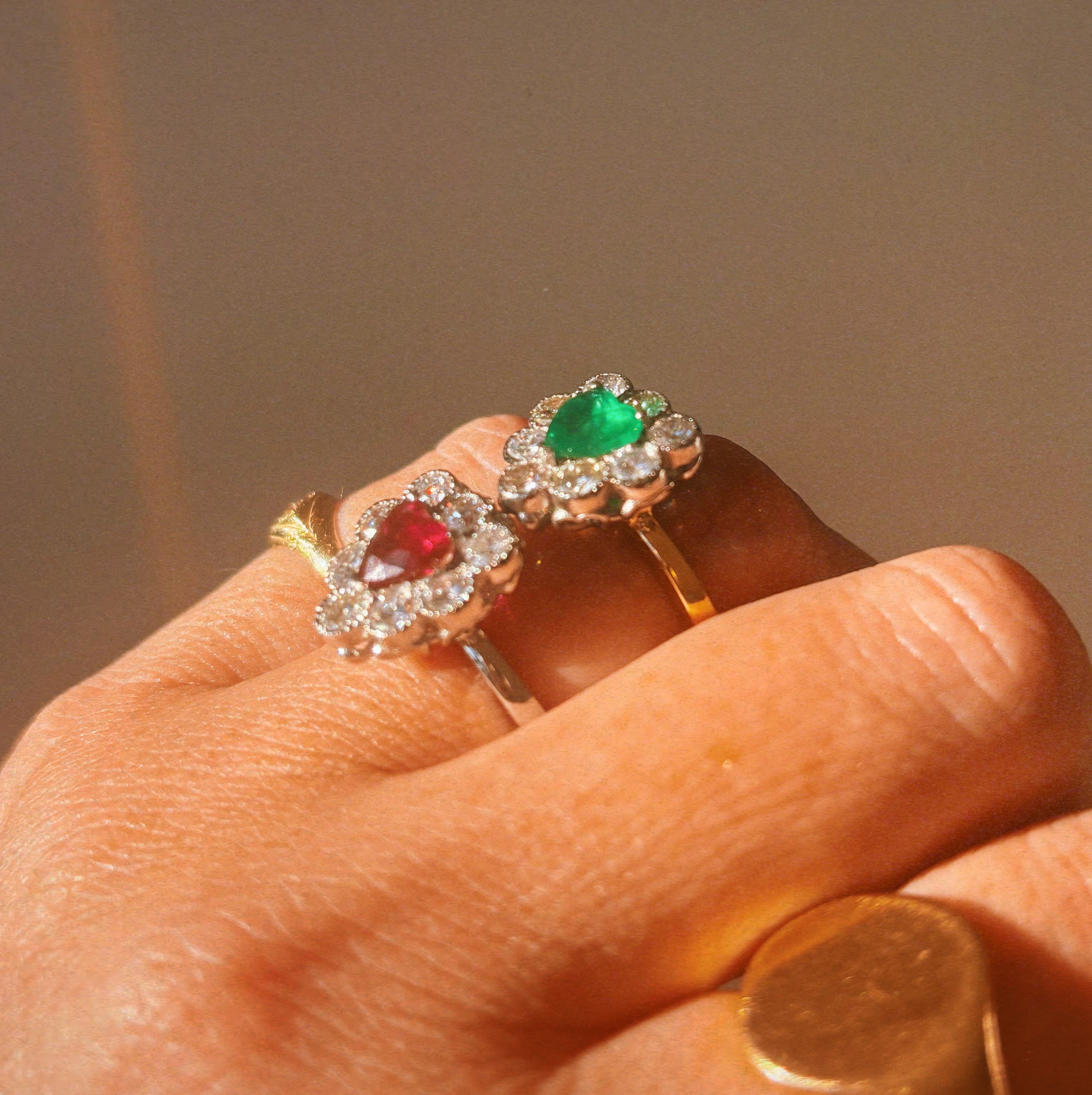 18ct gold heart-shaped emerald and diamond vintage earring conversion ring