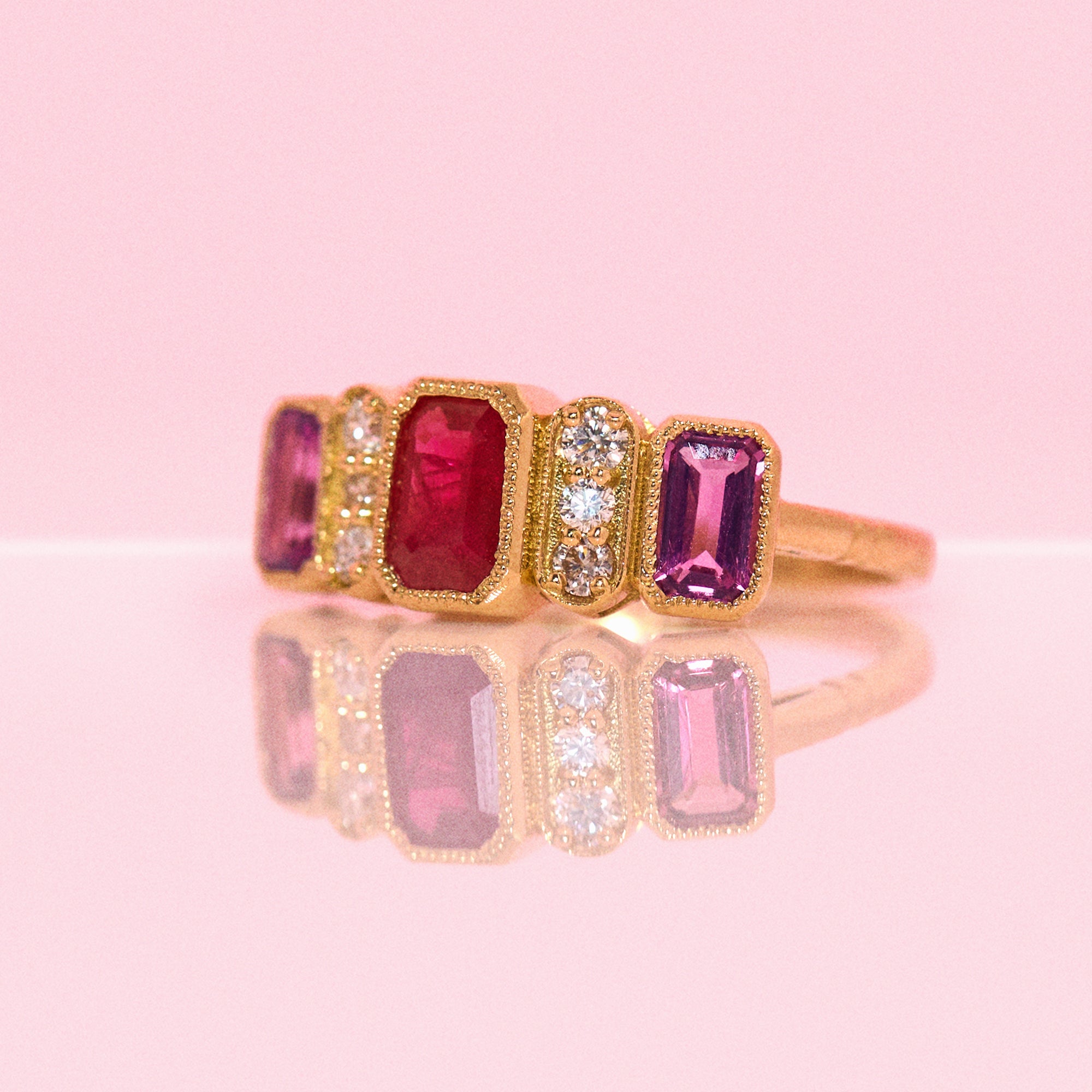 18ct gold ruby, pink sapphire and diamond ring