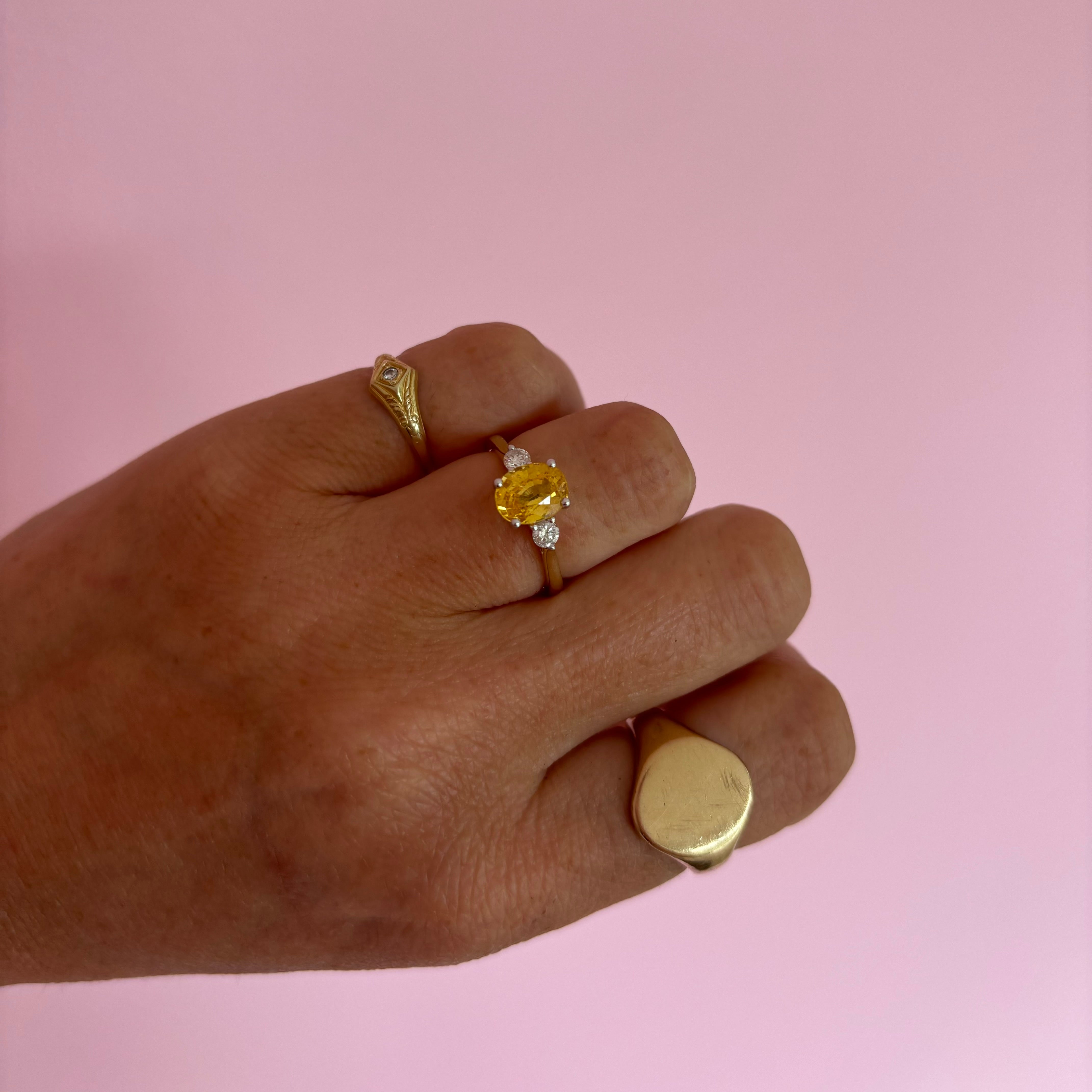 9ct gold yellow sapphire and diamond three stone ring (made to order)