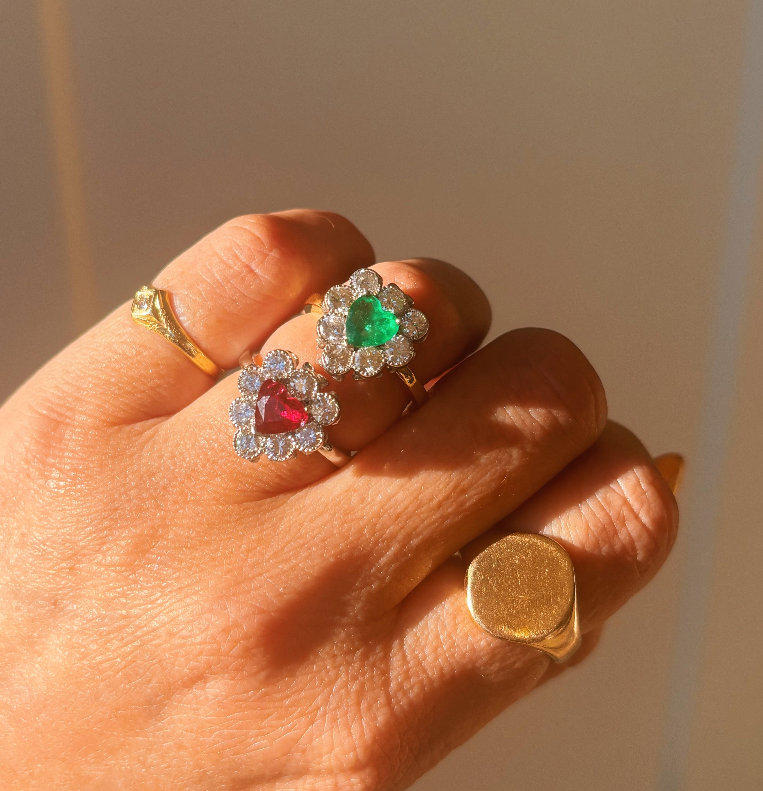 18ct gold heart-shaped emerald and diamond vintage earring conversion ring