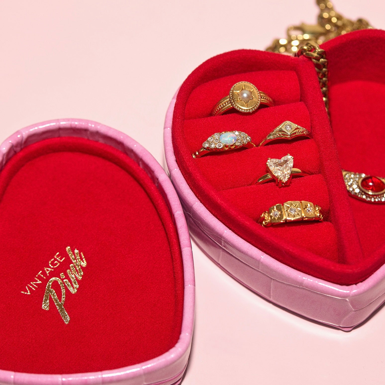Heart shaped pink faux croc and red velvet jewellery box (pre order)