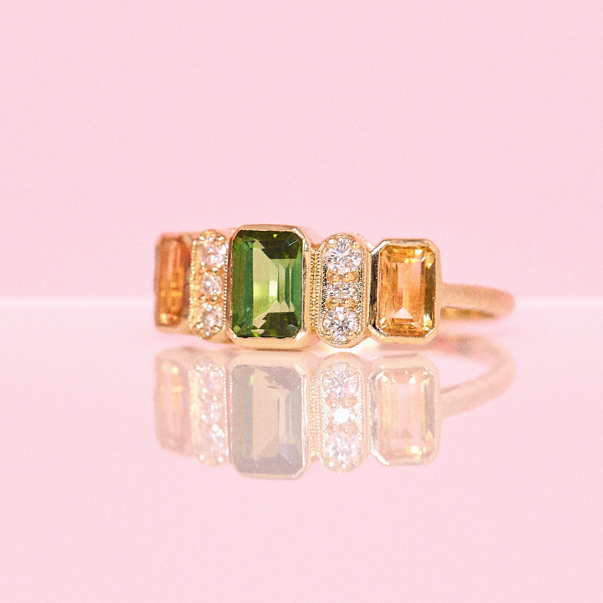 9ct gold green tourmaline, citrine and diamond ring (made to order)