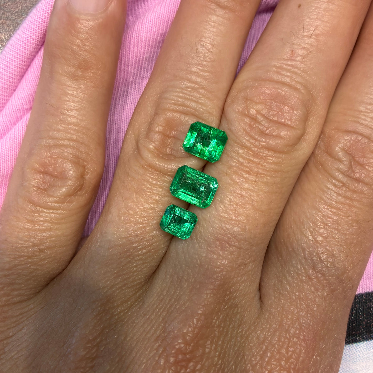 18ct gold 1.48ct emerald cut emerald and diamond three stone ring (made to order)