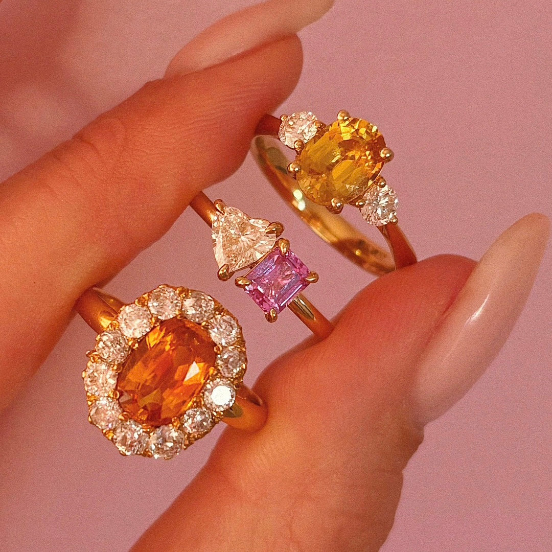 18ct gold yellow sapphire and diamond three stone ring (made to order)