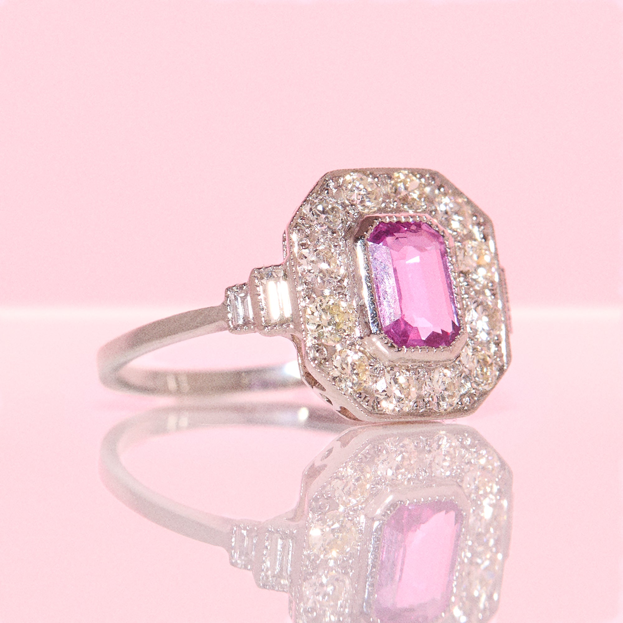 Platinum pink Sapphire and diamond ring