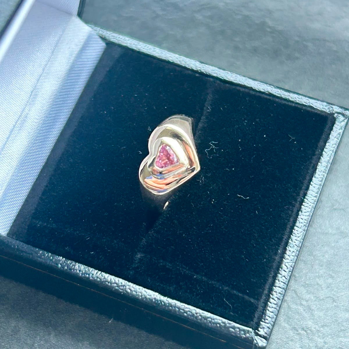 9ct gold bezel set heart shaped pink sapphire signet ring