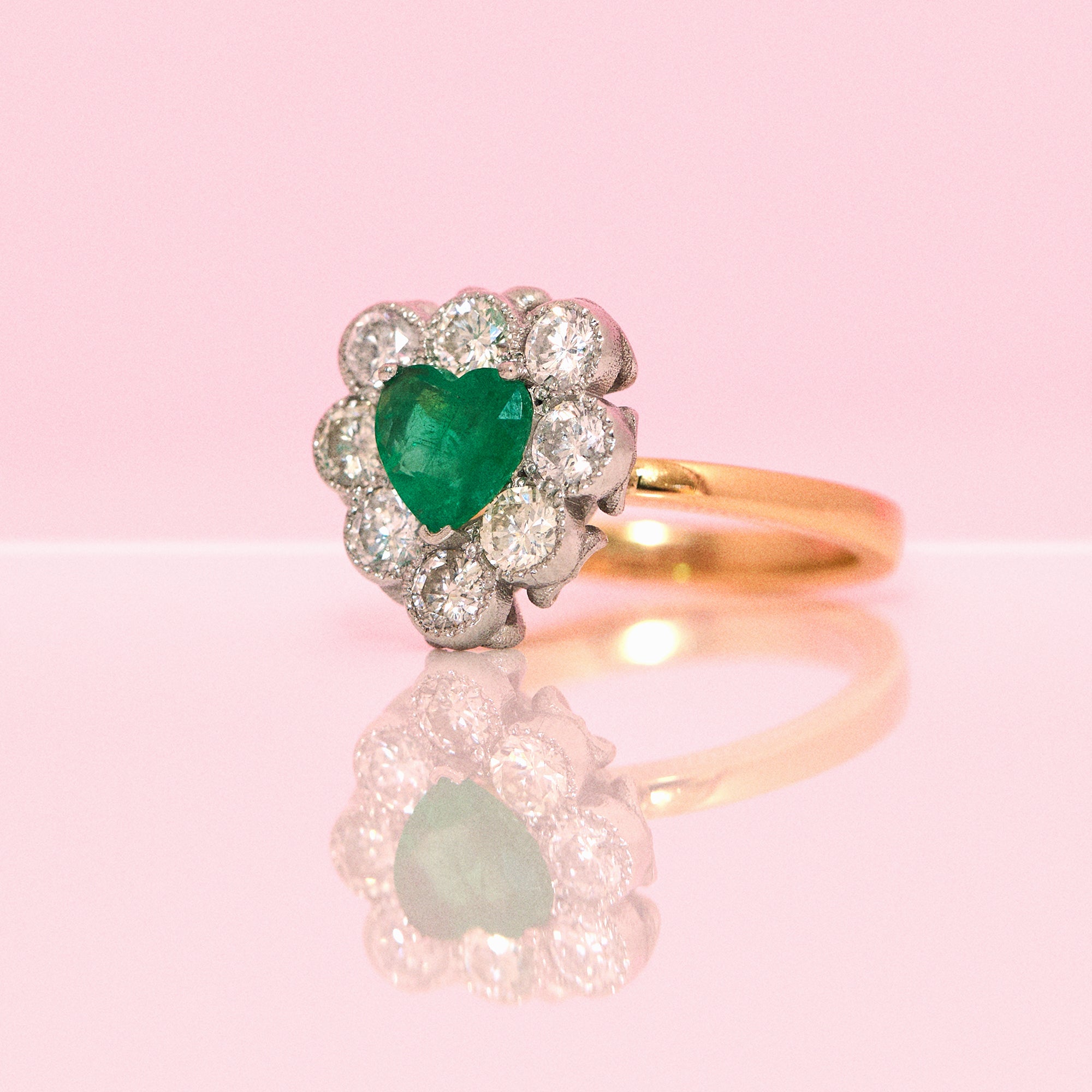 18ct gold heart-shaped emerald and diamond vintage earring conversion ring