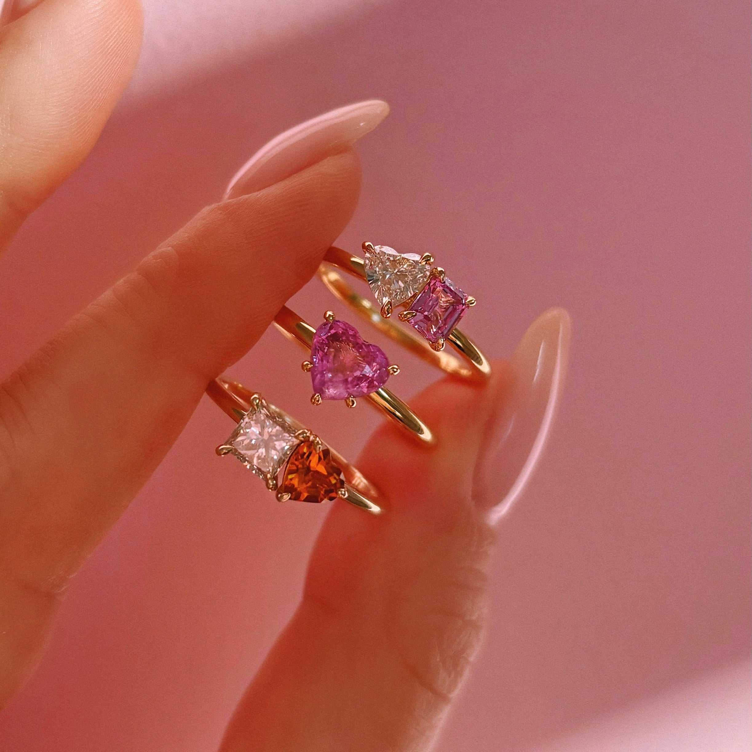 18ct gold ‘toi et moi’ 0.46ct heart-shaped diamond and 0.60ct pink sapphire ring (made to order)