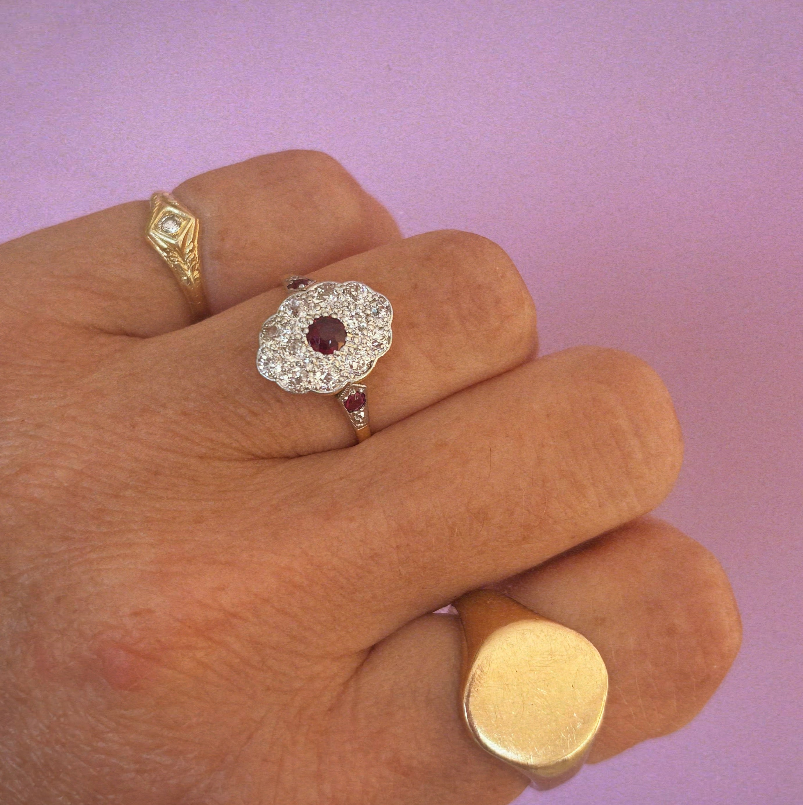 18ct gold old cut ruby and diamond cluster ring