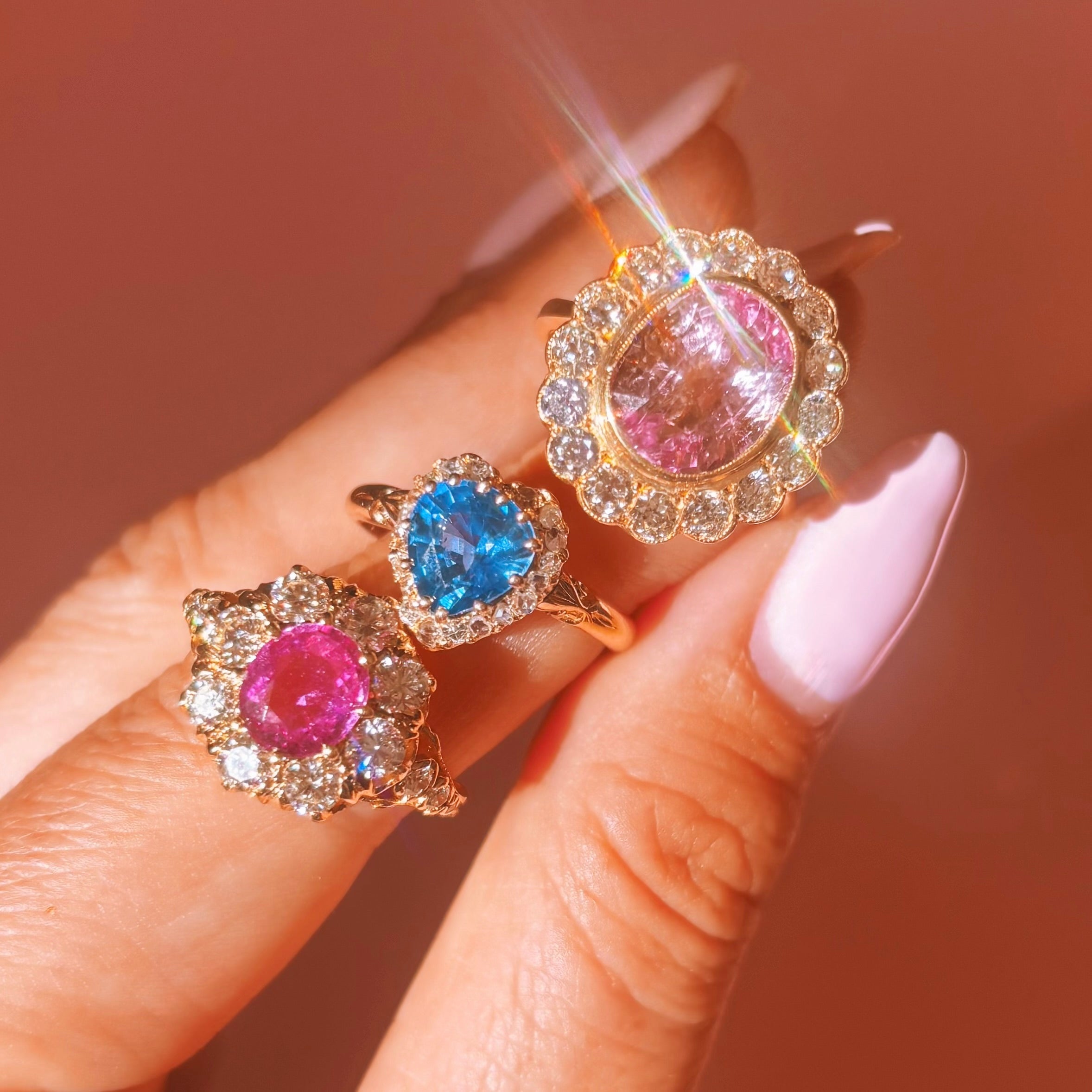 Vintage 18ct gold 6.27ct pink Ceylon cushion cut Sapphire and 1.50ct old cut diamond ring
