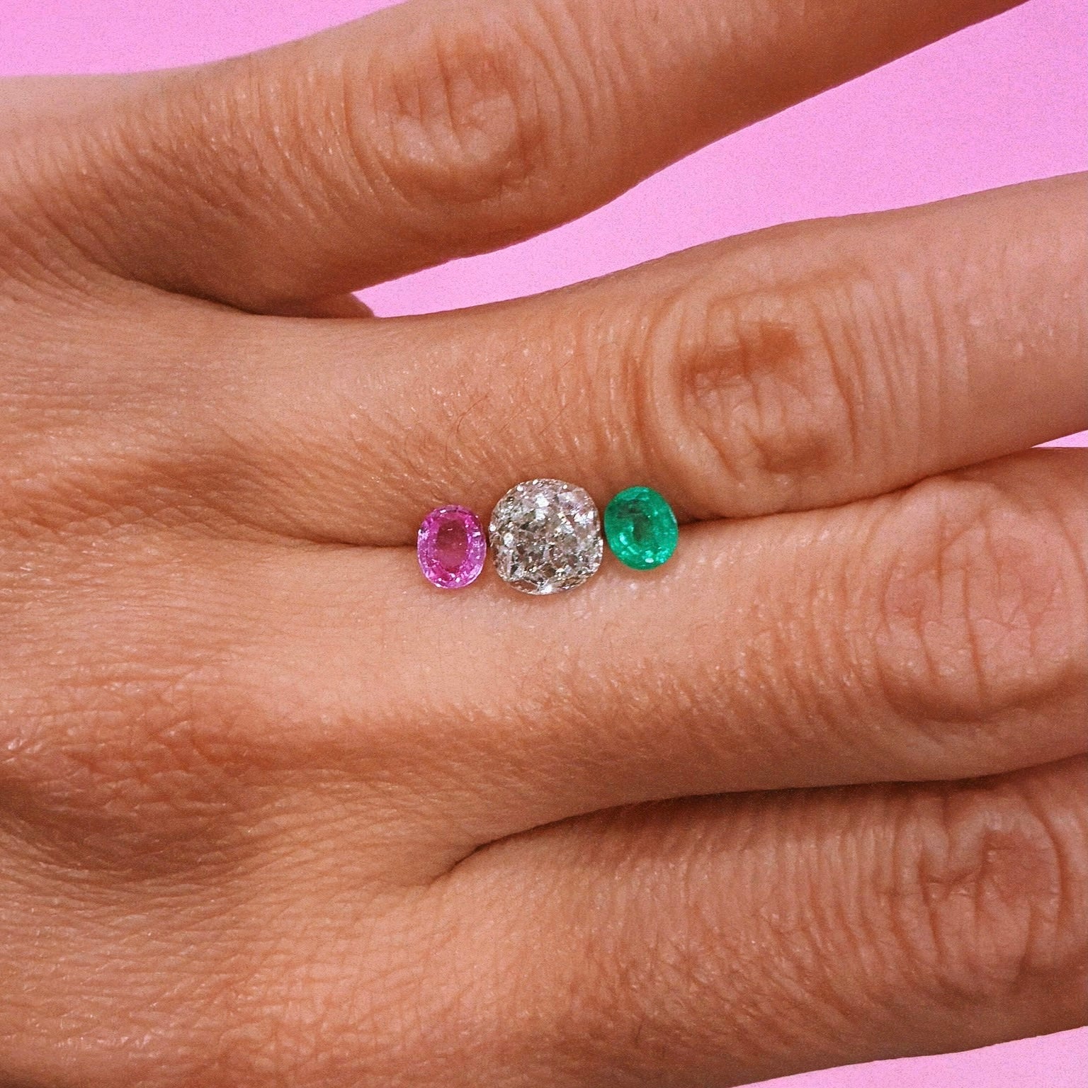 18ct yellow gold 1.569ct old mine diamond, emerald and pink sapphire ‘Two Become One’ ring