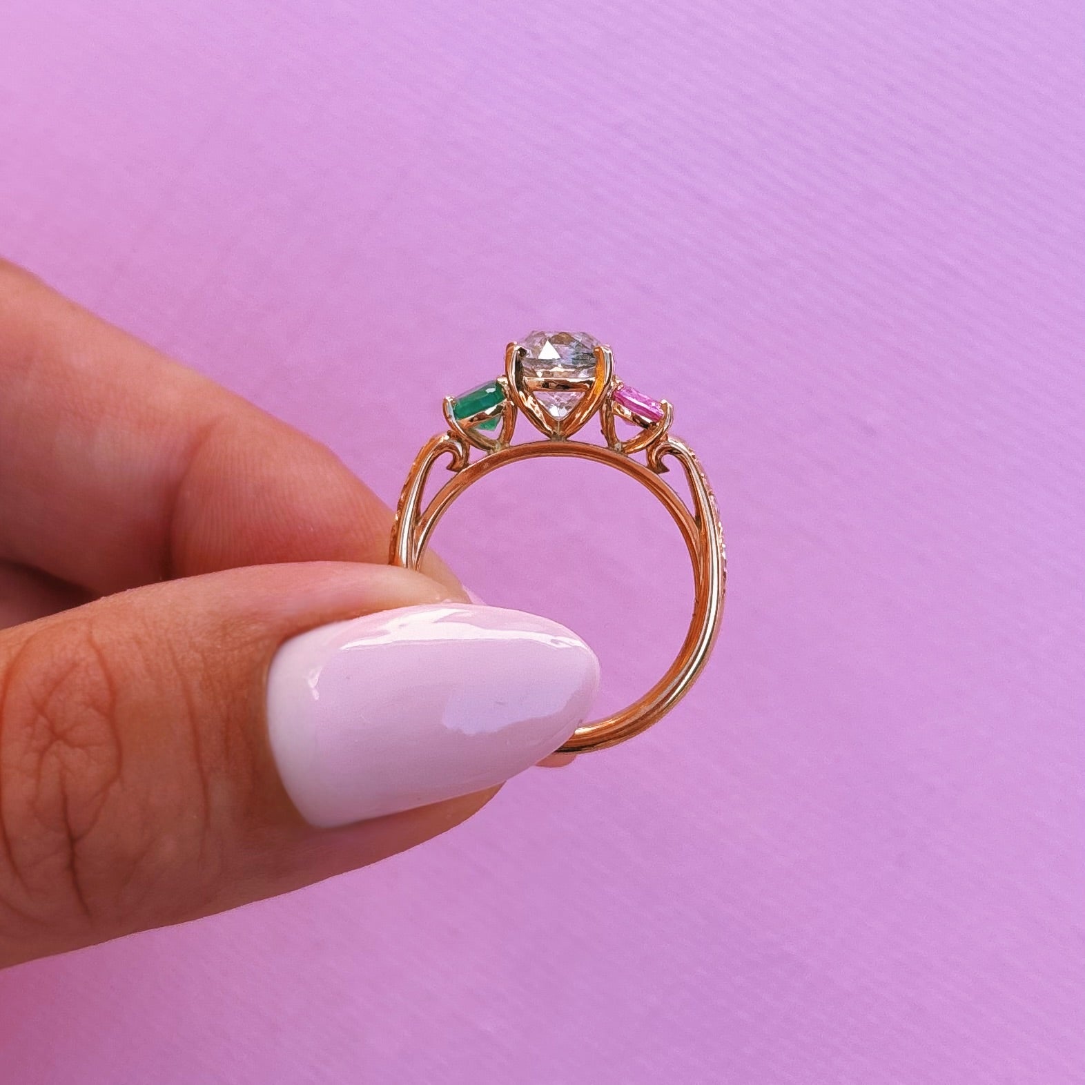 18ct yellow gold 1.569ct old cut vintage diamond, emerald and pink sapphire ‘Two Become One’ engraved ring