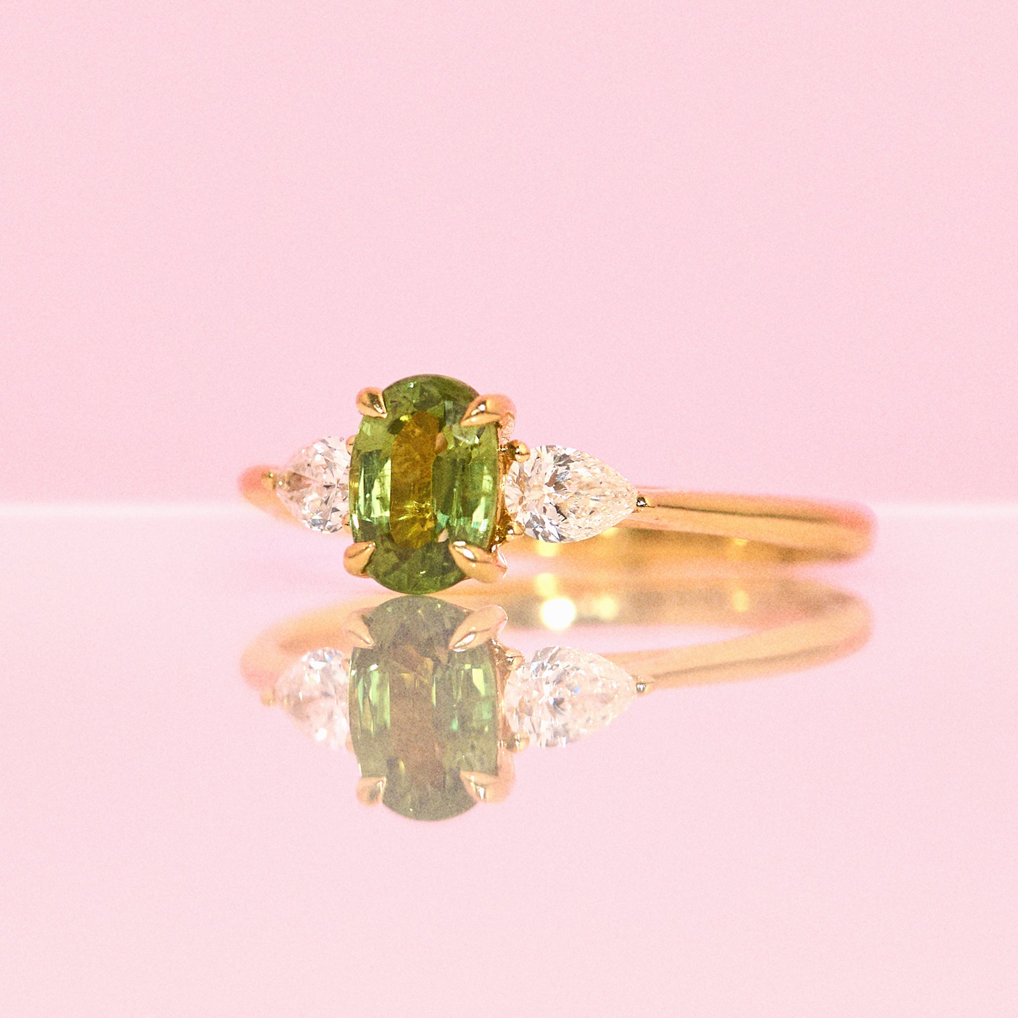 18ct gold 1.26ct green sapphire and diamond three stone ring (made to order)