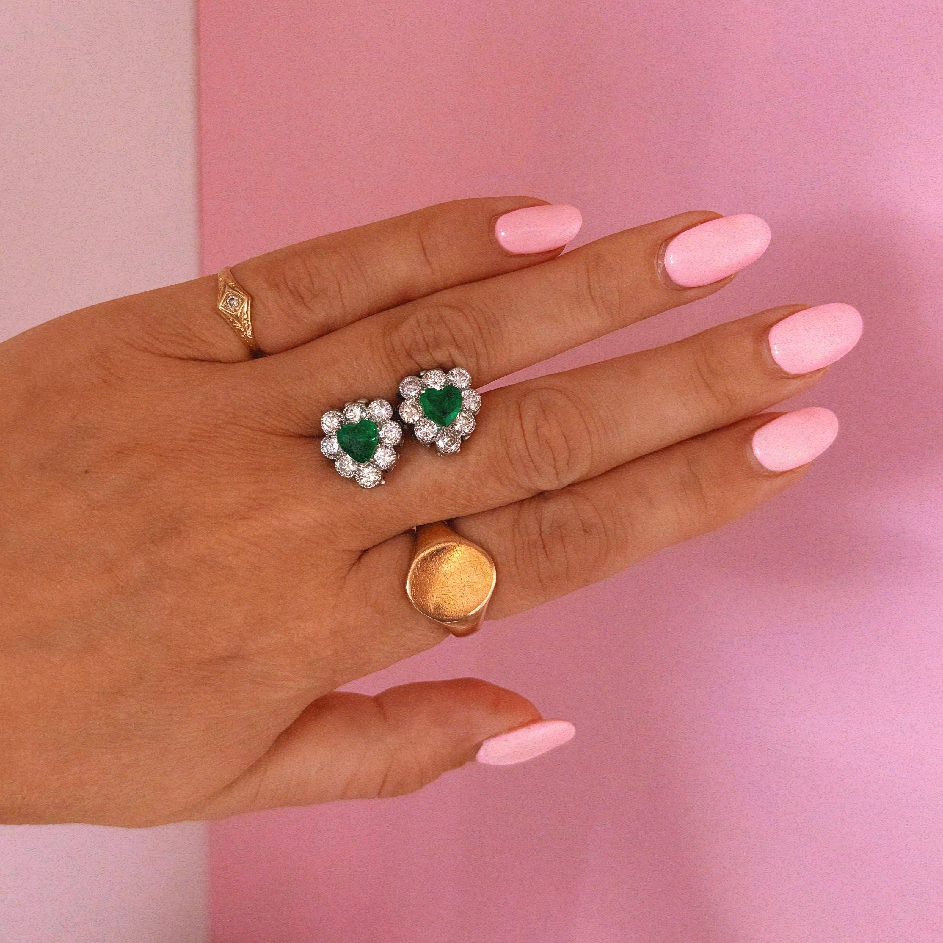 18ct gold heart-shaped emerald and diamond vintage earring conversion ring