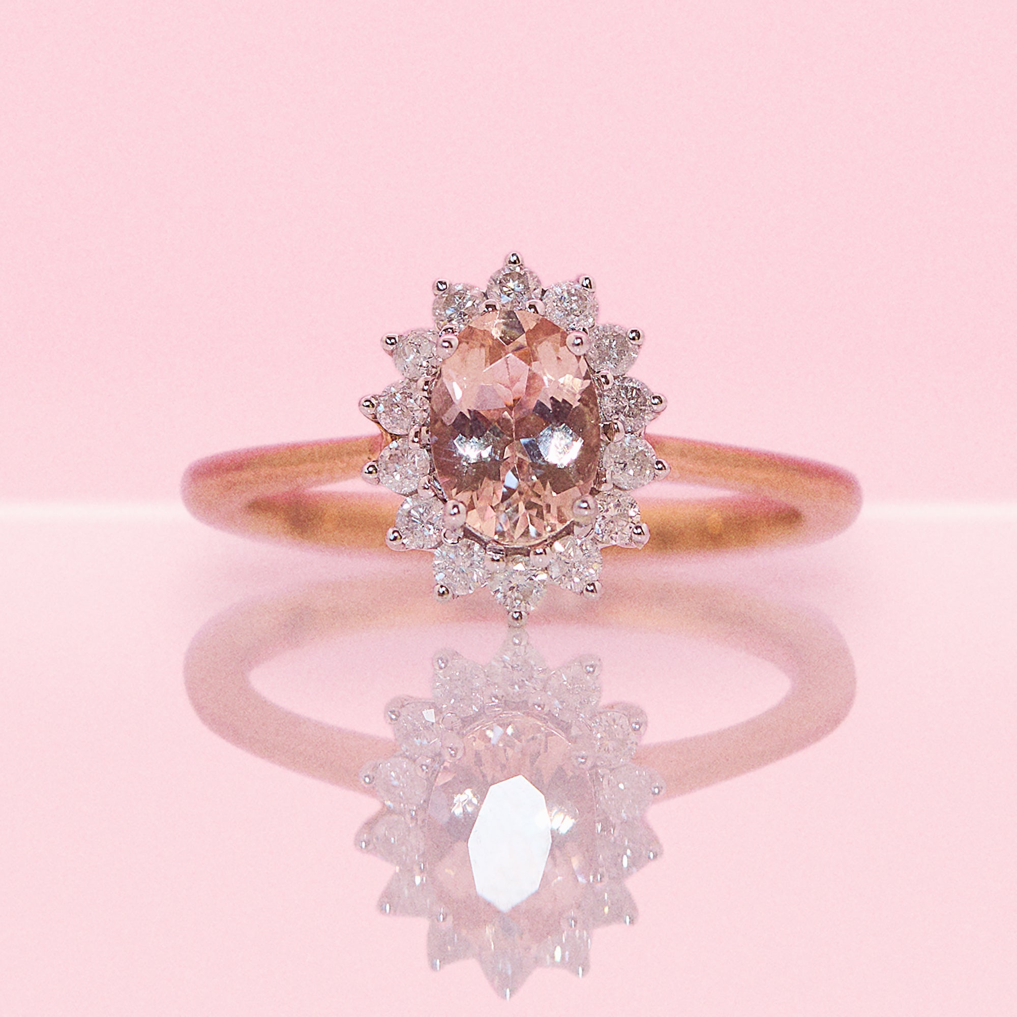 9ct rose gold 0.67ct morganite and 0.26ct diamond cluster ring