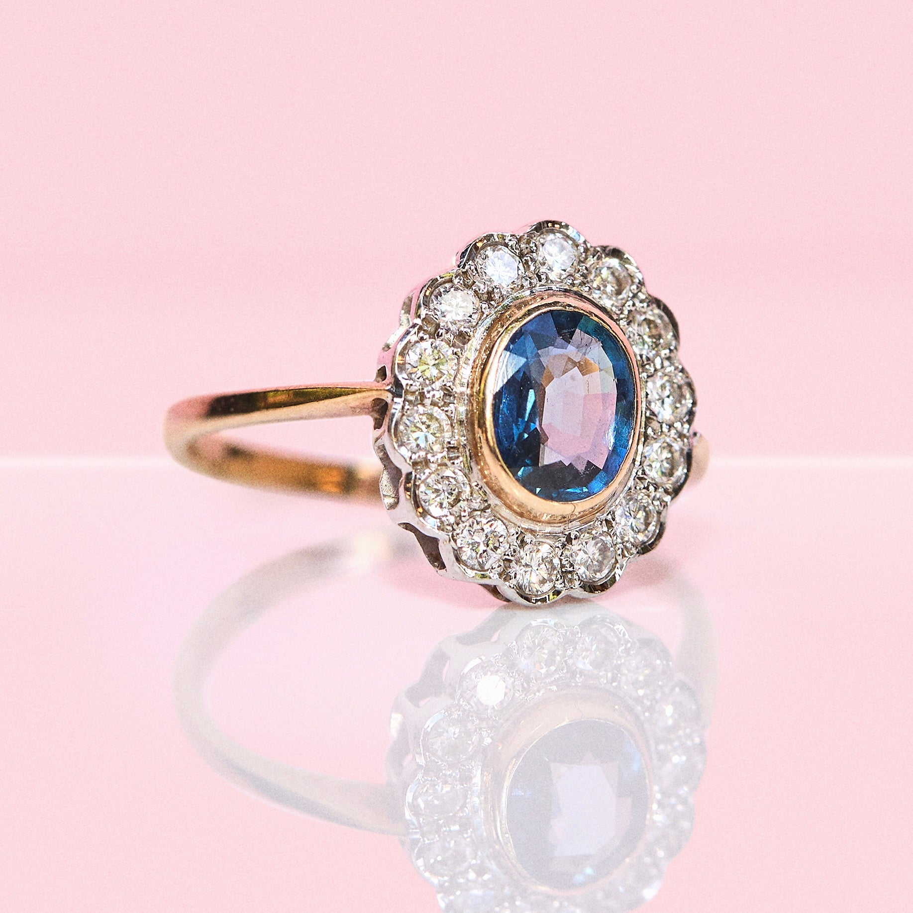 9ct gold bezel set sapphire and diamond antique cluster ring