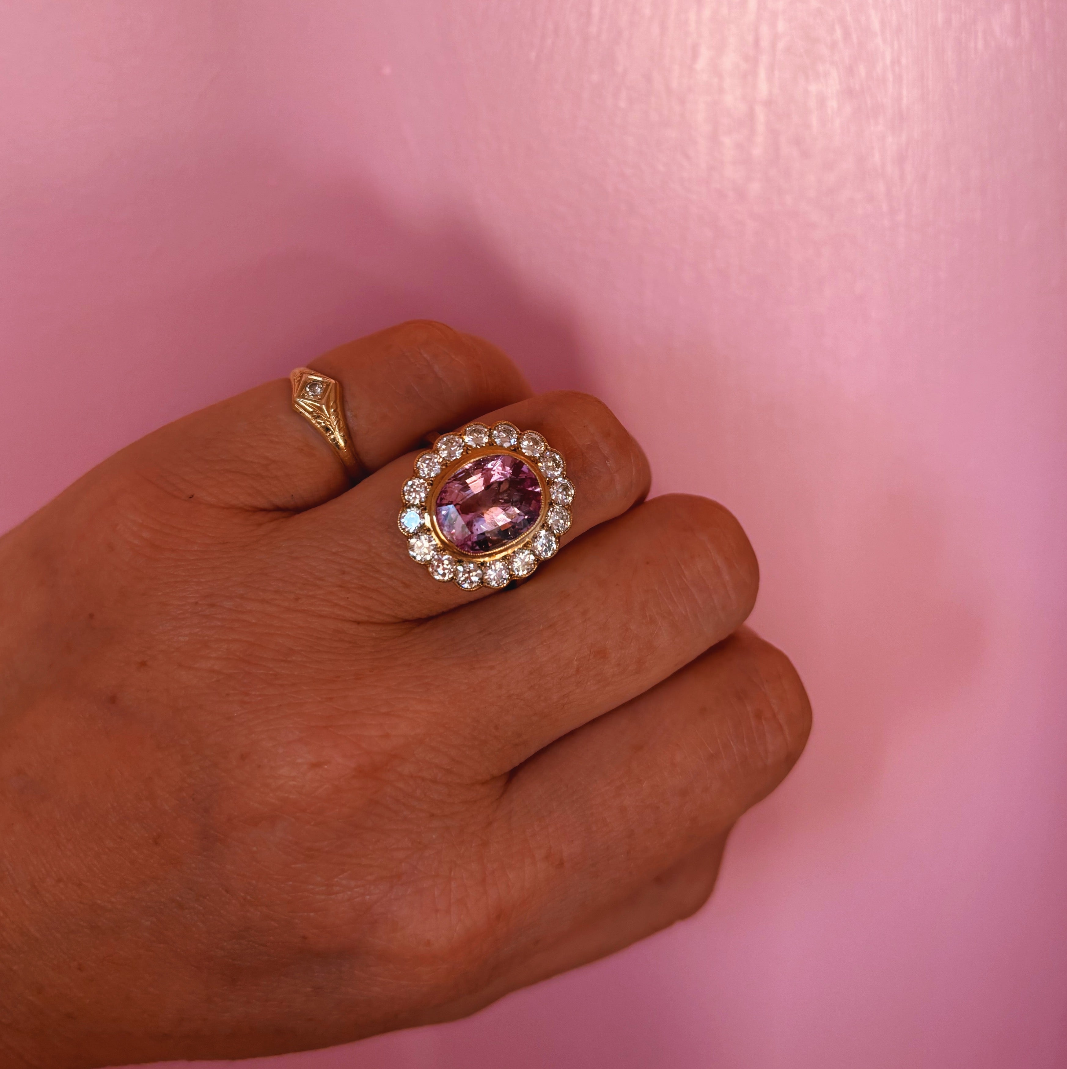 Vintage 18ct gold 6.27ct pink Ceylon cushion cut Sapphire and 1.50ct old cut diamond ring