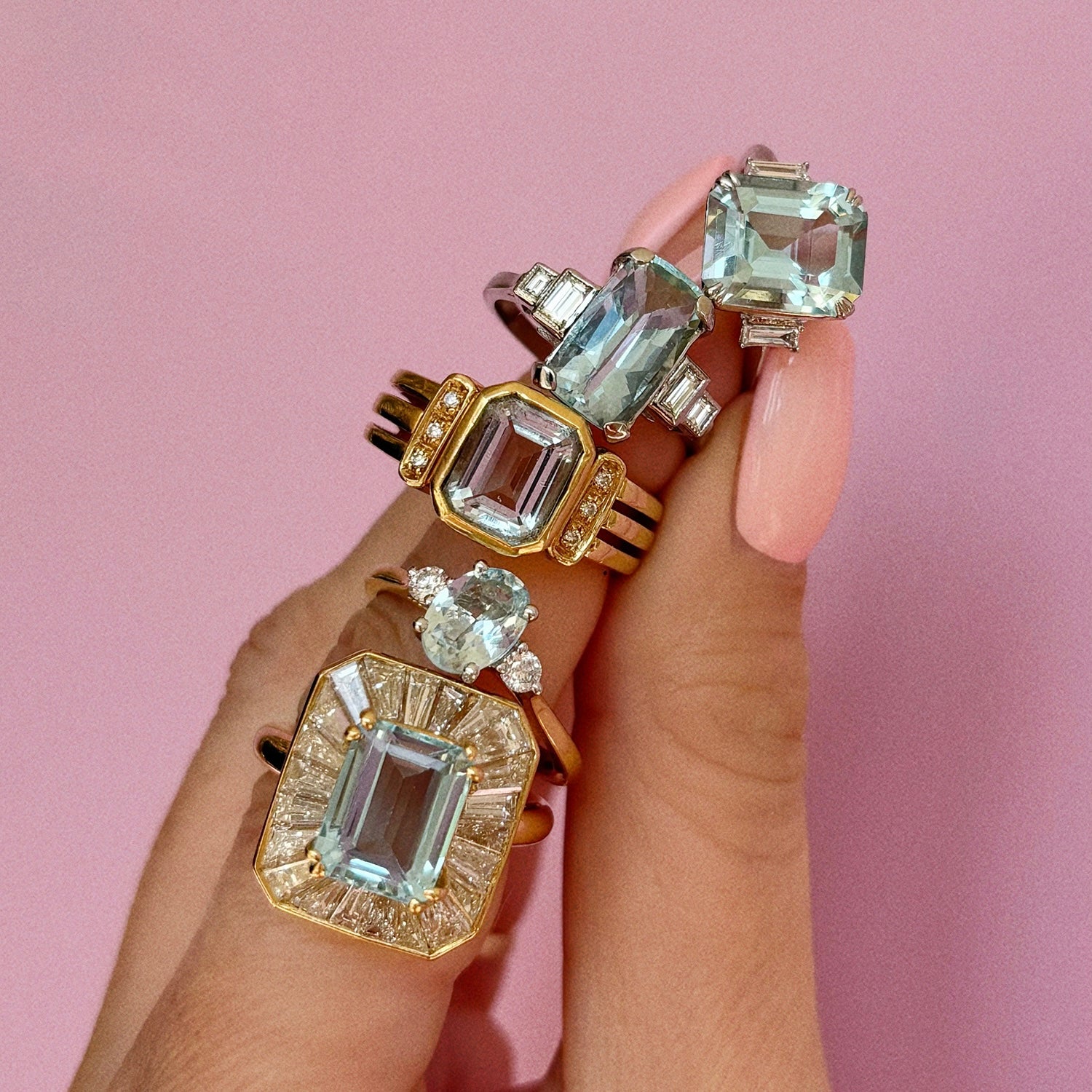 18ct gold 3.30ct aquamarine and baguette diamond cluster ring