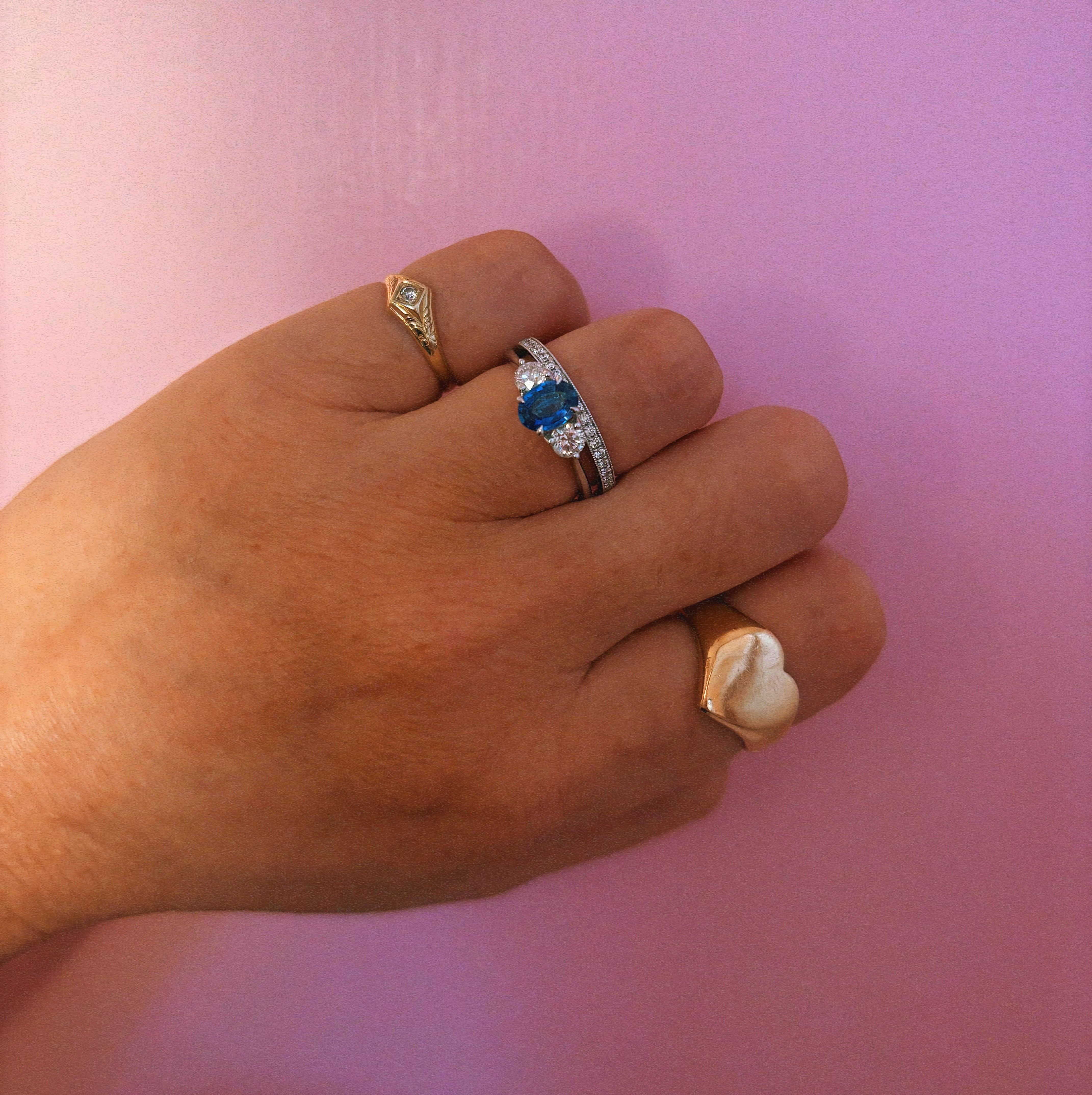 Platinum 0.84ct blue sapphire and diamond three stone ring (made to order)