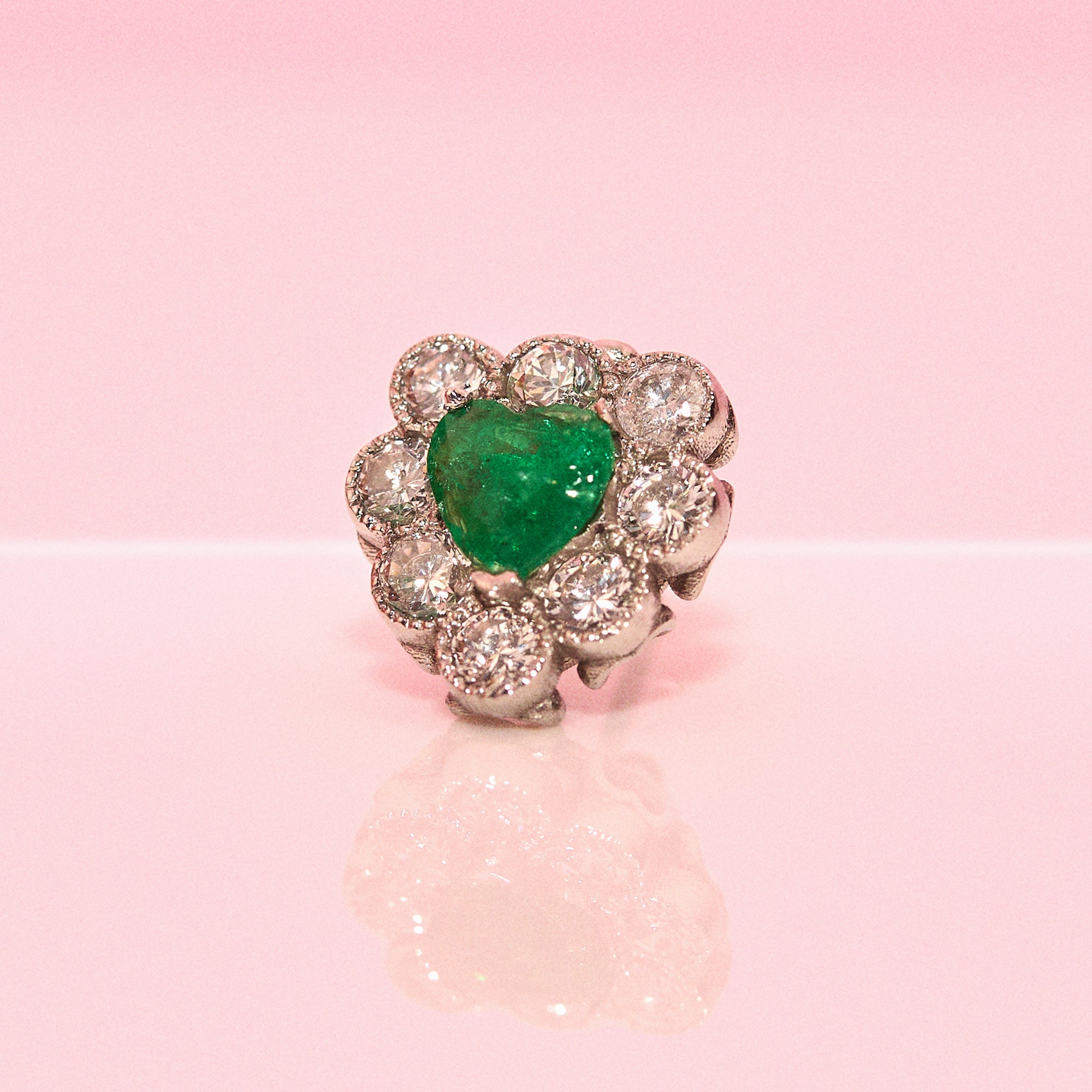 18ct gold heart-shaped emerald and diamond vintage earring conversion ring