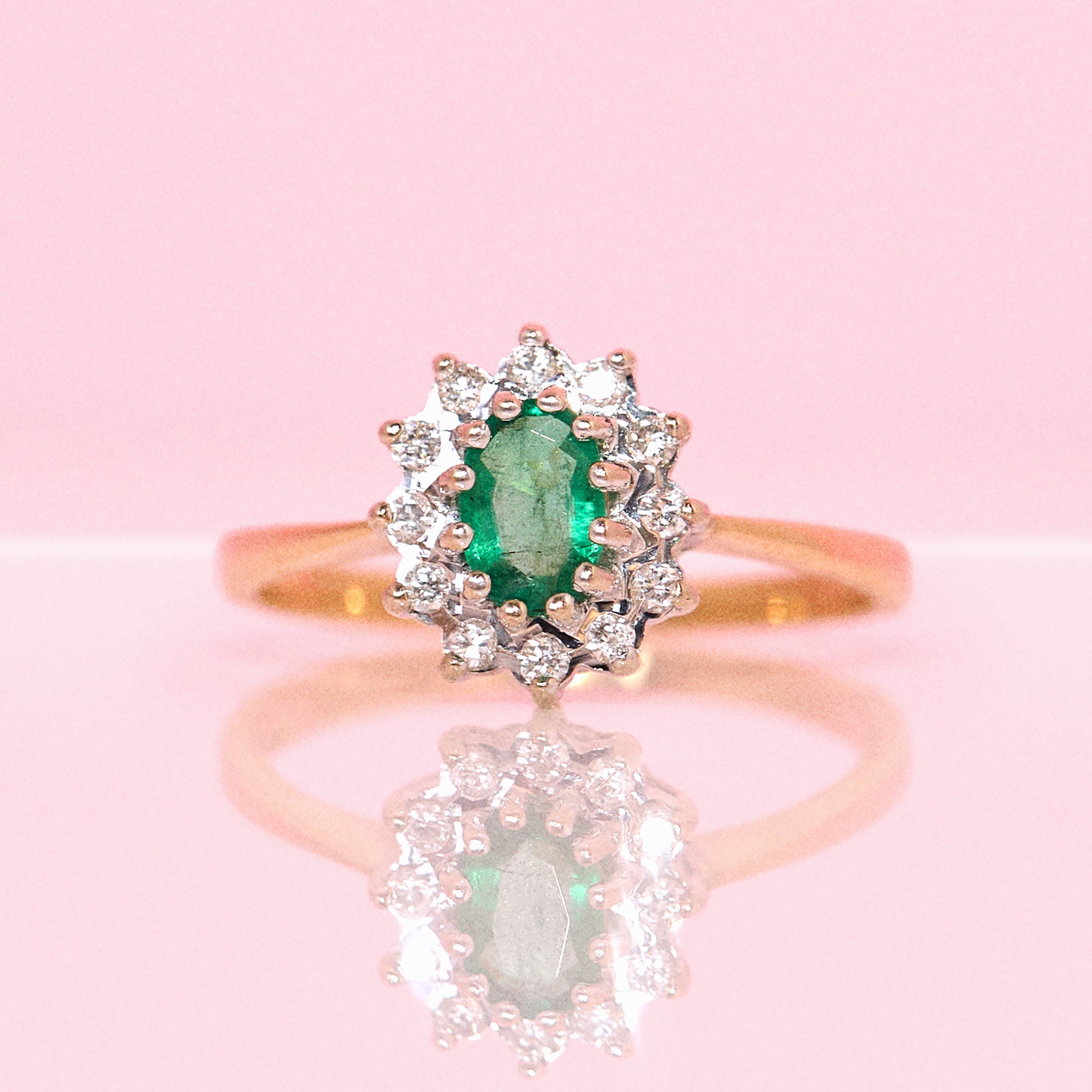 18ct gold emerald and diamond cluster ring from 1988
