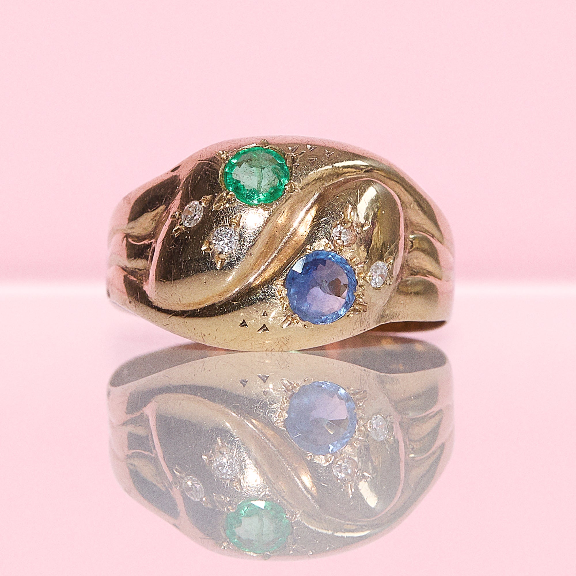 9ct gold diamond, emerald and sapphire snake ring