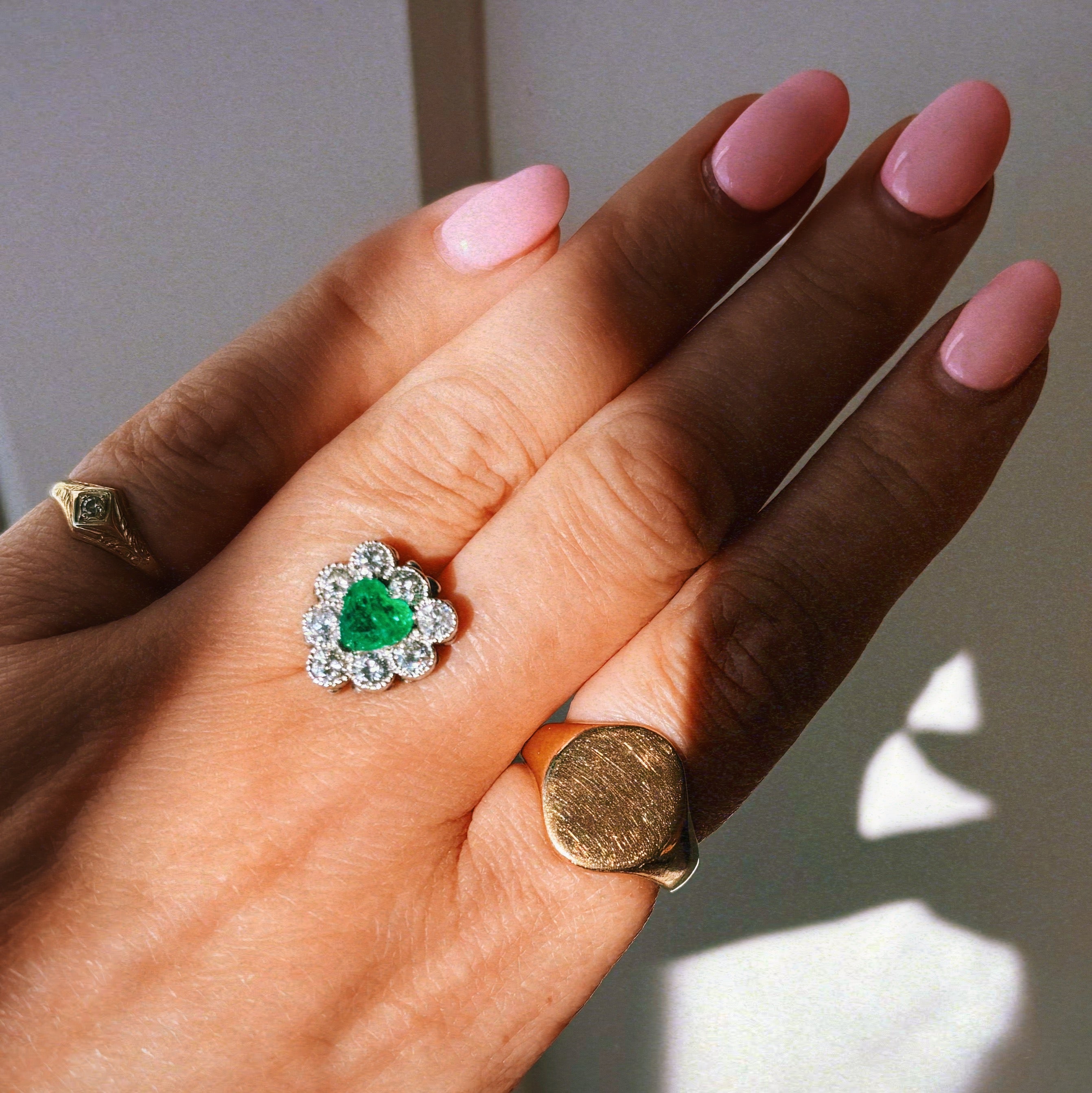 18ct gold heart-shaped emerald and diamond vintage earring conversion ring