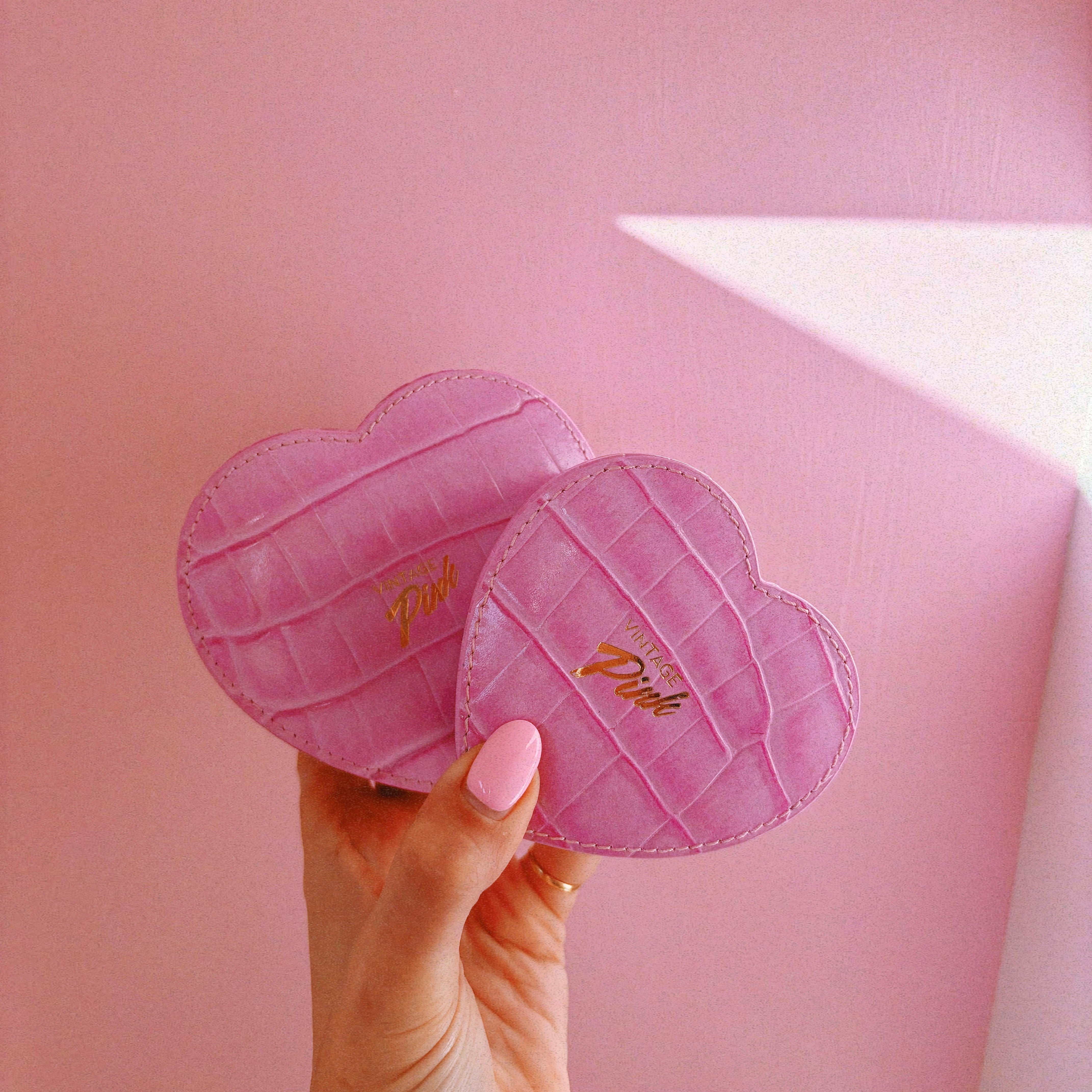 Heart-shaped pink faux croc and red velvet jewellery box (large)