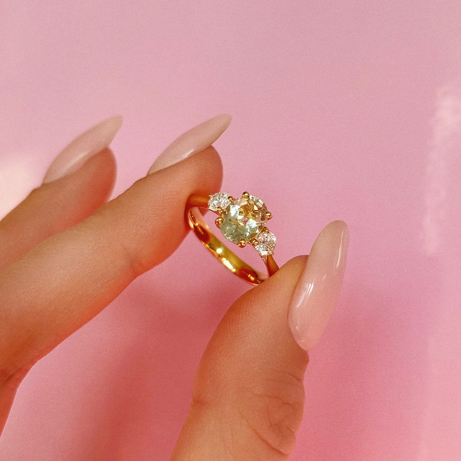 9ct gold green amethyst and diamond three stone ring (made to order)