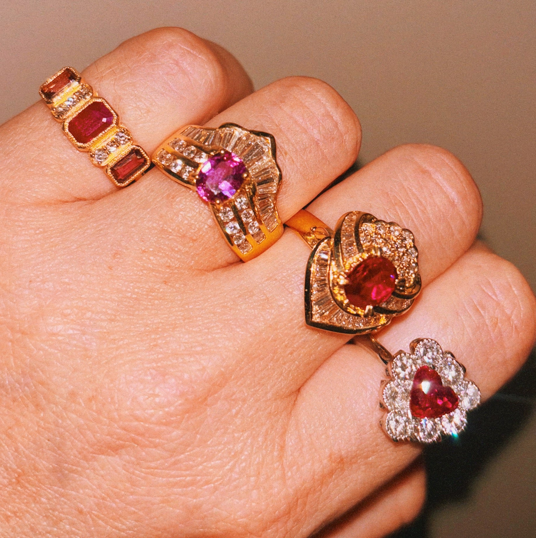 18ct gold ruby, pink sapphire and diamond ring
