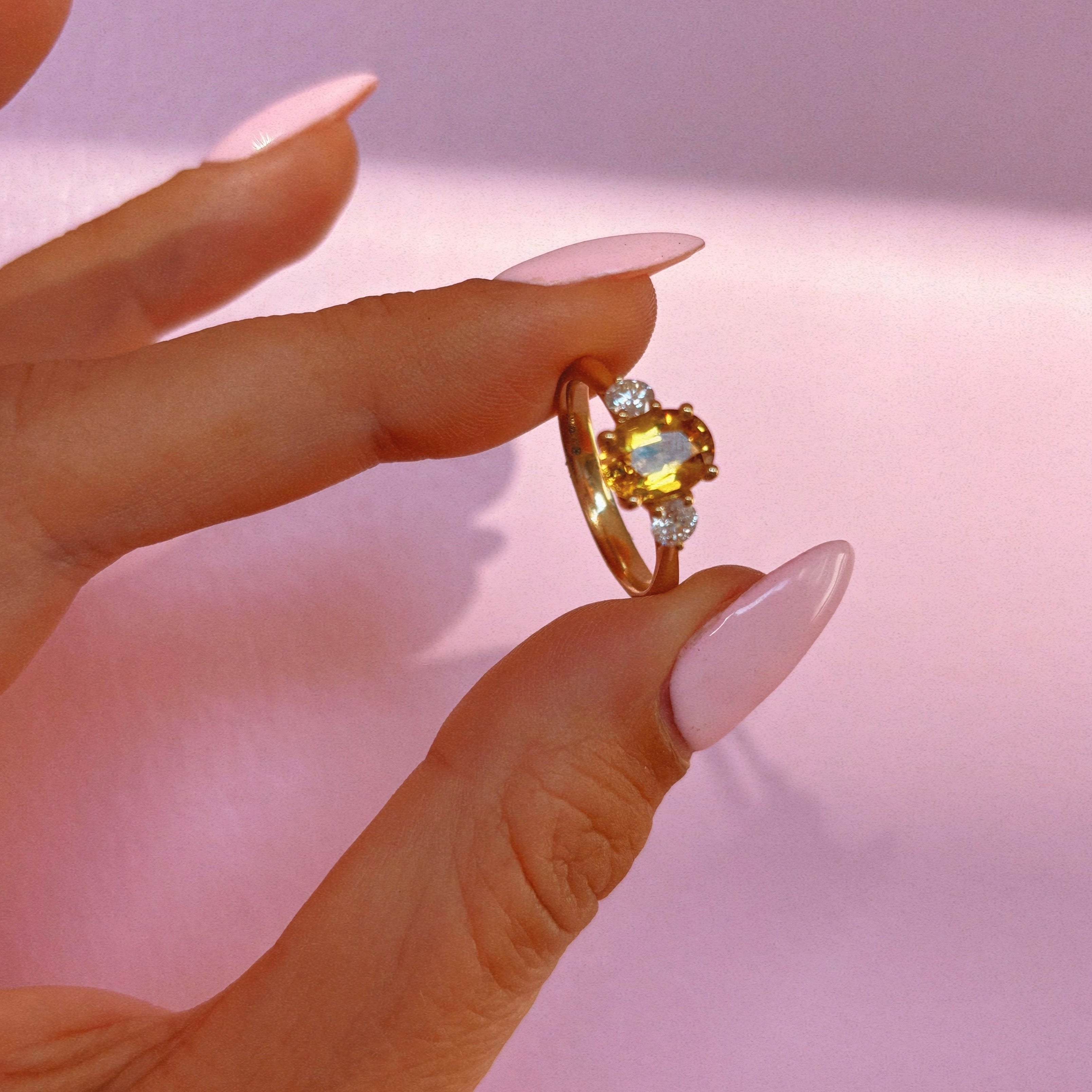 18ct gold yellow sapphire and diamond three stone ring (made to order)