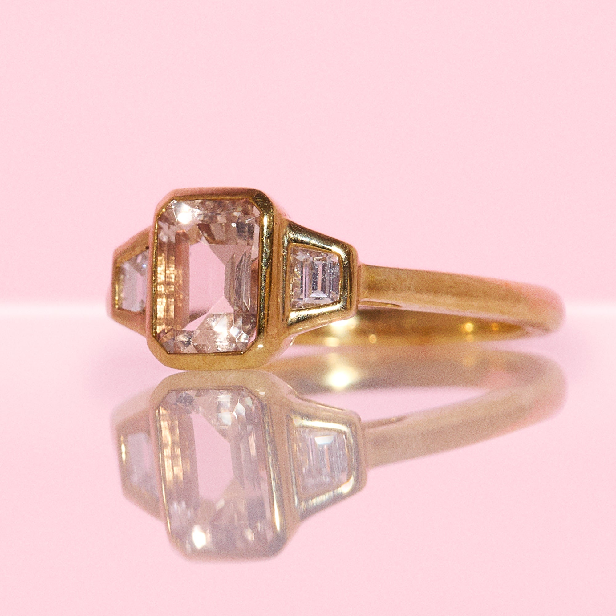 9ct gold emerald cut 0.74ct morganite and 0.22ct diamond ring