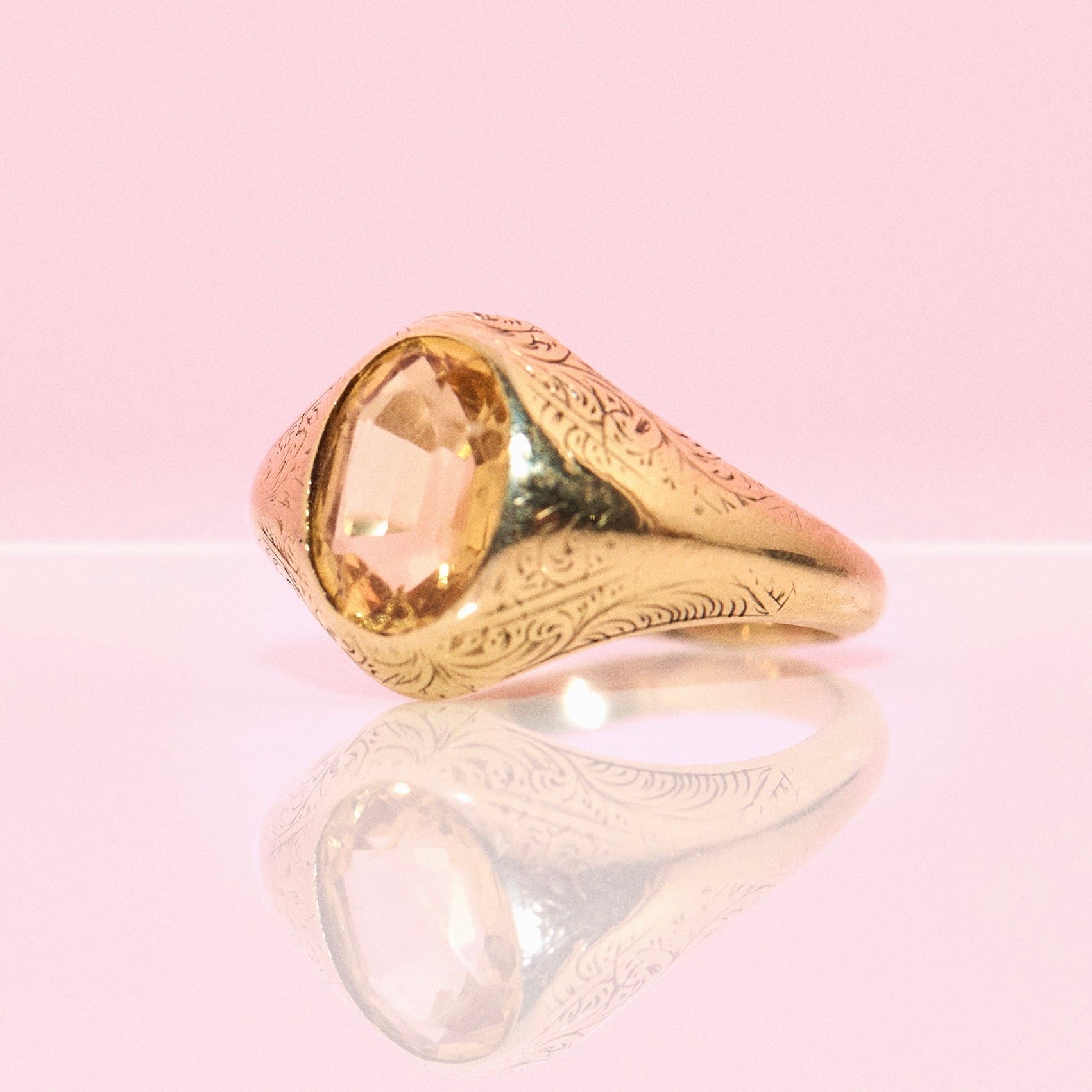 15ct gold orange topaz engraved signet ring