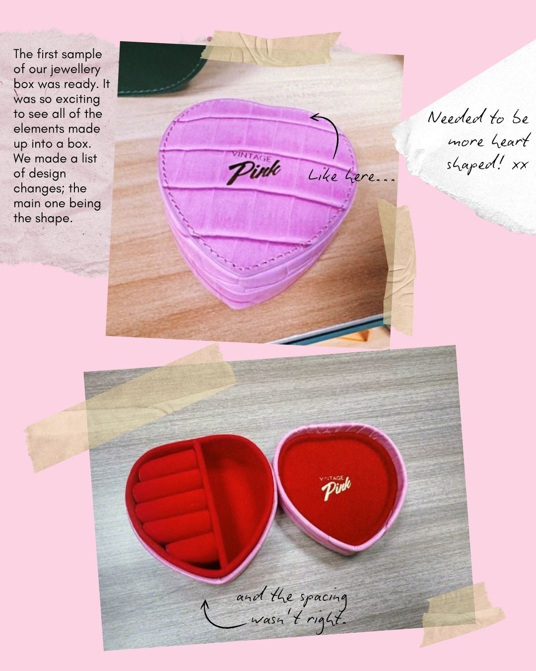 Heart-shaped pink faux croc and red velvet jewellery box