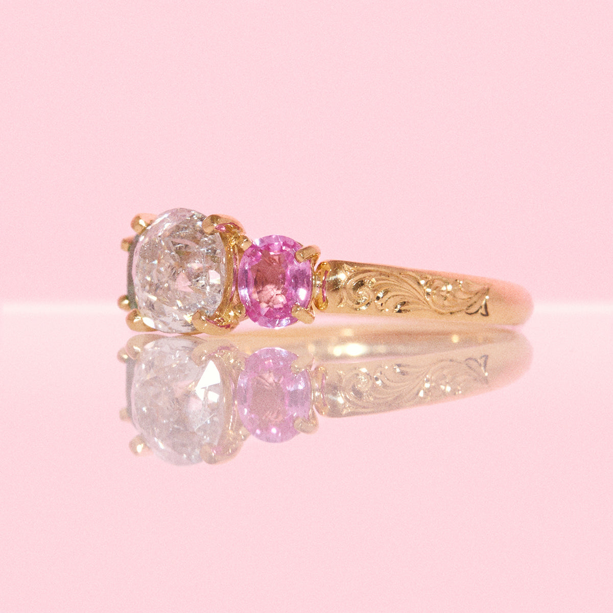 18ct yellow gold 1.569ct old cut vintage diamond, emerald and pink sapphire ‘Two Become One’ engraved ring