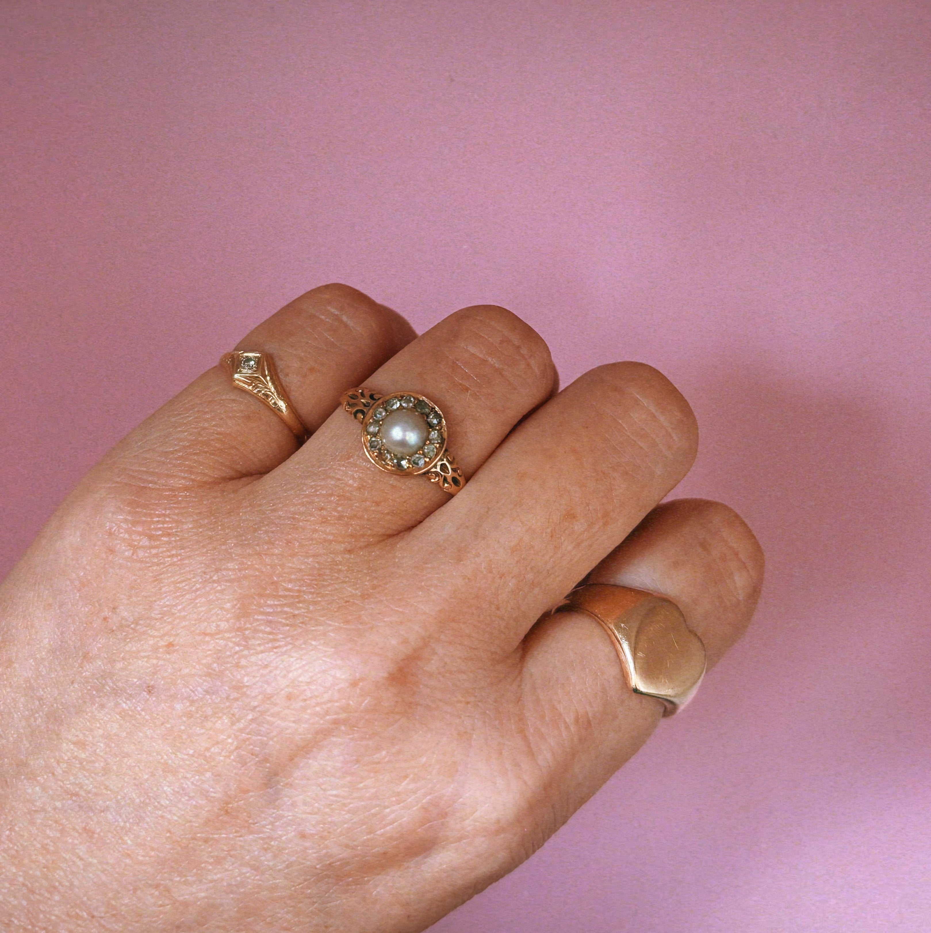 14ct gold Victorian pearl and rose cut diamond ring