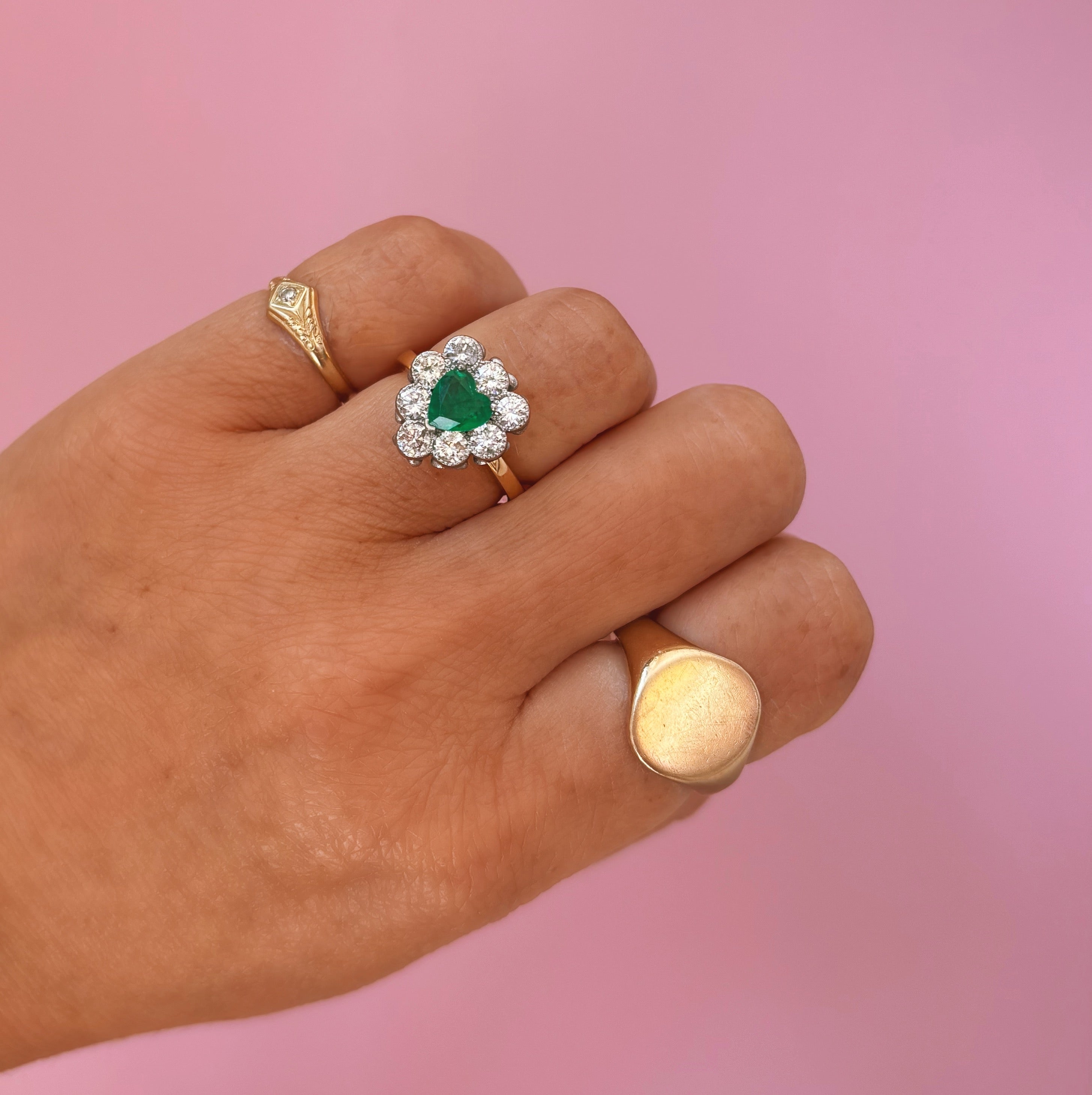 18ct gold heart-shaped emerald and diamond vintage earring conversion ring